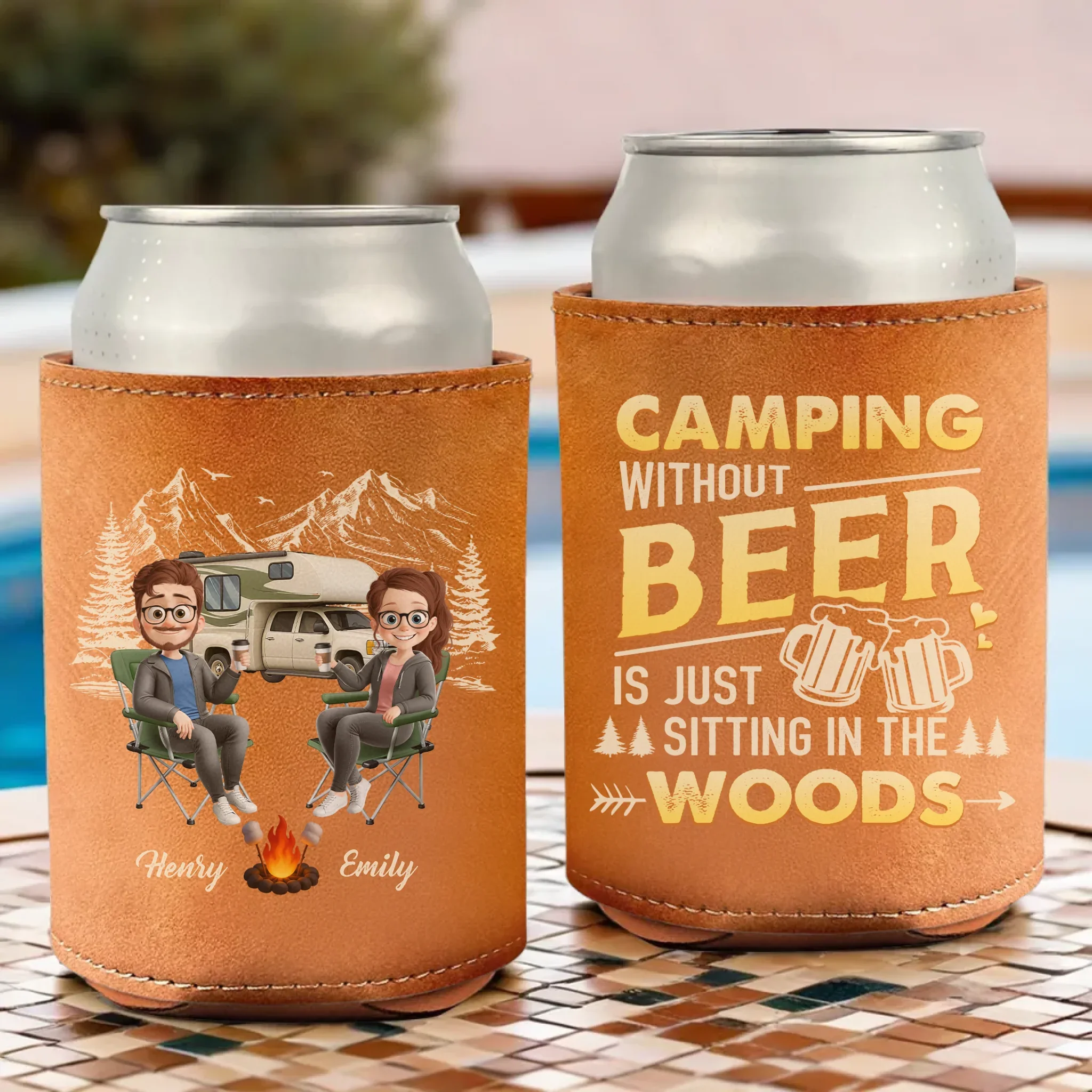 Custom Leather Can Cooler - Personalized Anniversary Wedding Gifts For Campers, Husband And Wife, Him And Her - Cheers To S’more Adventures - Image 2