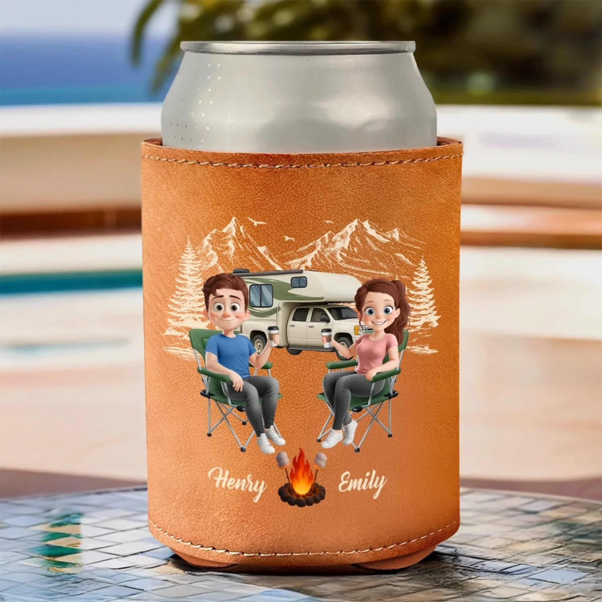 Custom Leather Can Cooler - Personalized Anniversary Wedding Gifts For Campers, Husband And Wife, Him And Her - Cheers To S’more Adventures - Image 3