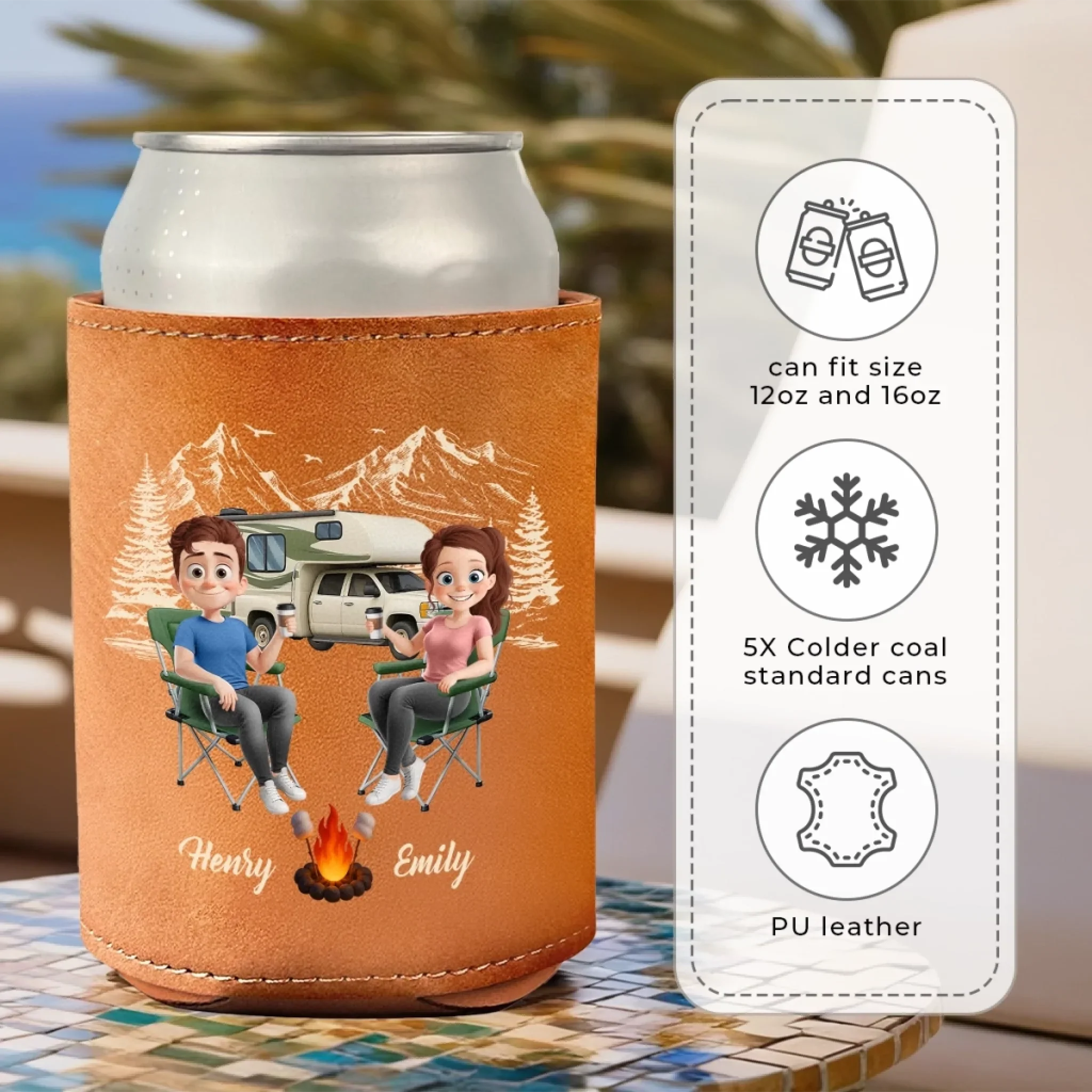 Custom Leather Can Cooler - Personalized Anniversary Wedding Gifts For Campers, Husband And Wife, Him And Her - Cheers To S’more Adventures - Image 5