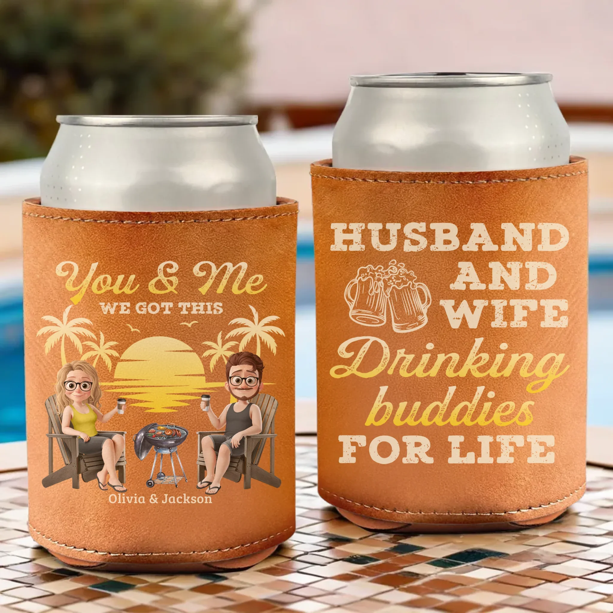 Custom Leather Can Cooler - Personalized Anniversary Wedding Gifts For Husband And Wife, Him And Her - Drinking Buddies For Life - Image 2