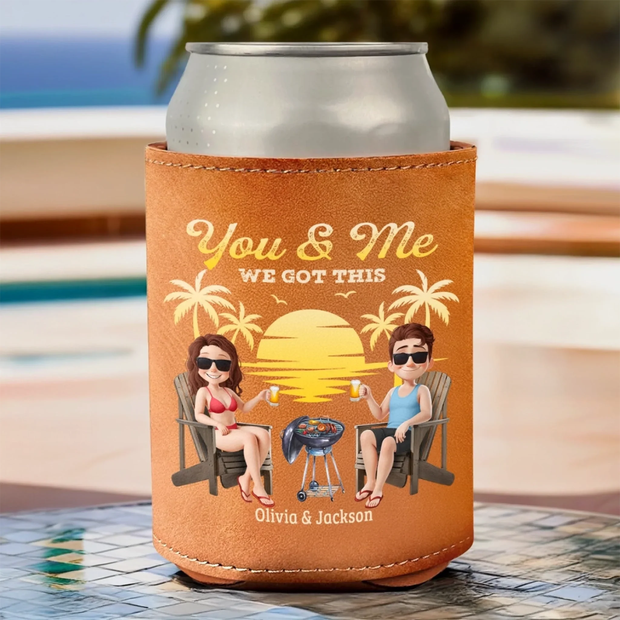 Custom Leather Can Cooler - Personalized Anniversary Wedding Gifts For Husband And Wife, Him And Her - Drinking Buddies For Life - Image 3