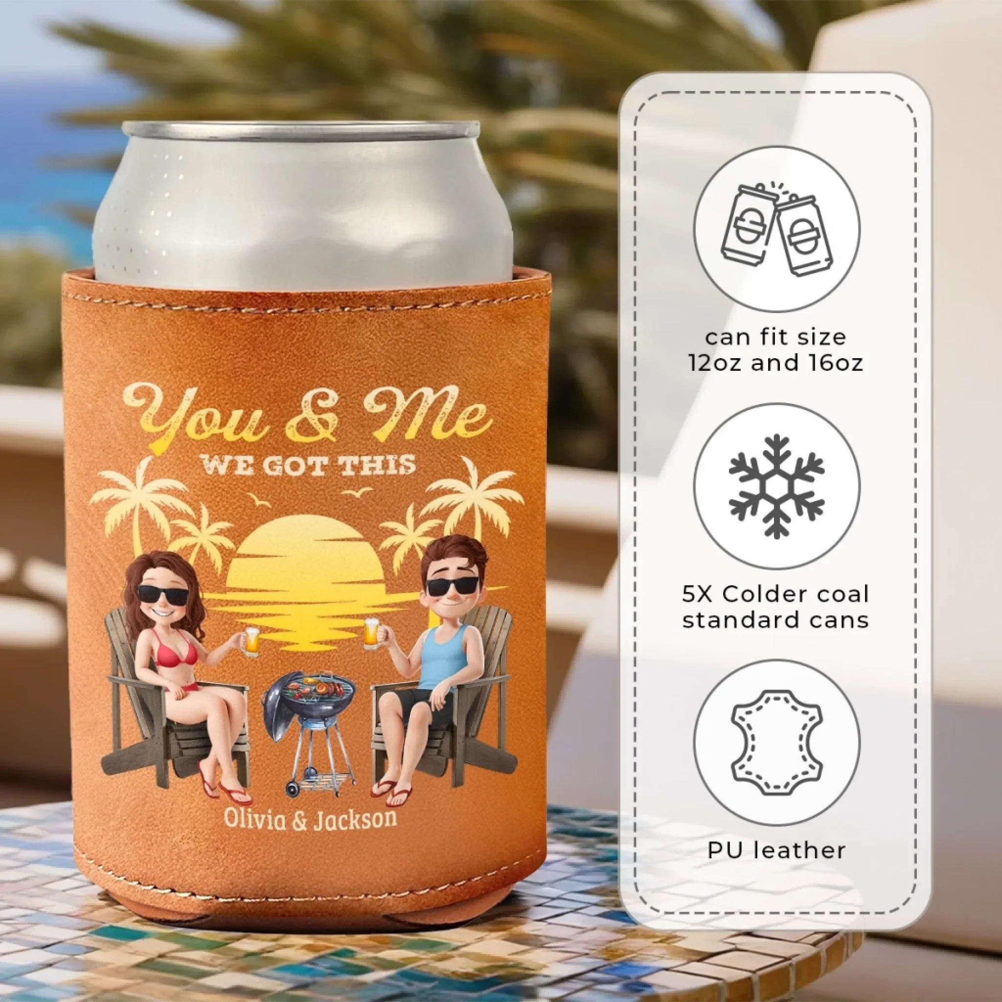 Custom Leather Can Cooler - Personalized Anniversary Wedding Gifts For Husband And Wife, Him And Her - Drinking Buddies For Life - Image 5