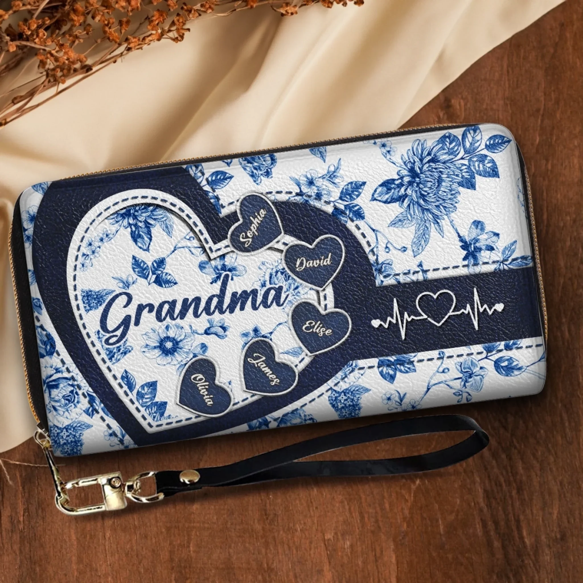 Custom Leather Long Wallet - Personalized Birthday Gifts For Mom, Grandma - Hearts Linked By Family Love - Image 3