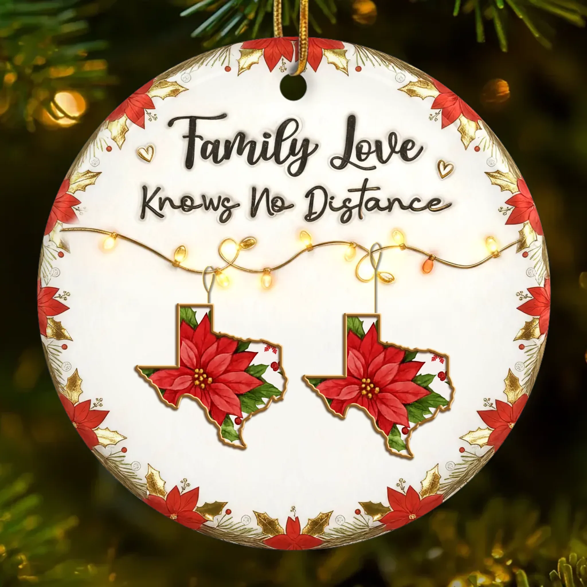 Custom Long Distance Ceramic Ornament - Personalized Christmas Birthday Gifts For Mom, Dad, Brother, Sister, Kids - Poinsettias Bloom Where Hearts Meet - Image 2