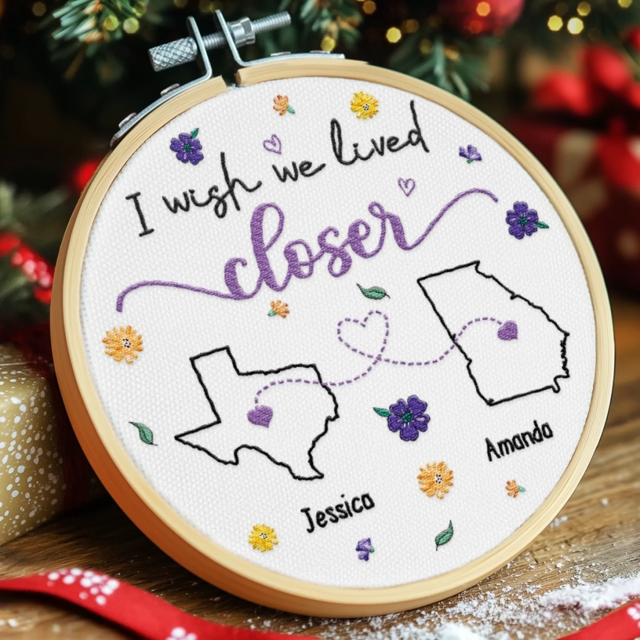 Custom Long Distance Embroidered Ornament - Personalized Best Friend Christmas Birthday Gifts For Women, Besties, Sisters, BFF - Hearts Connected Across The Miles - Image 4