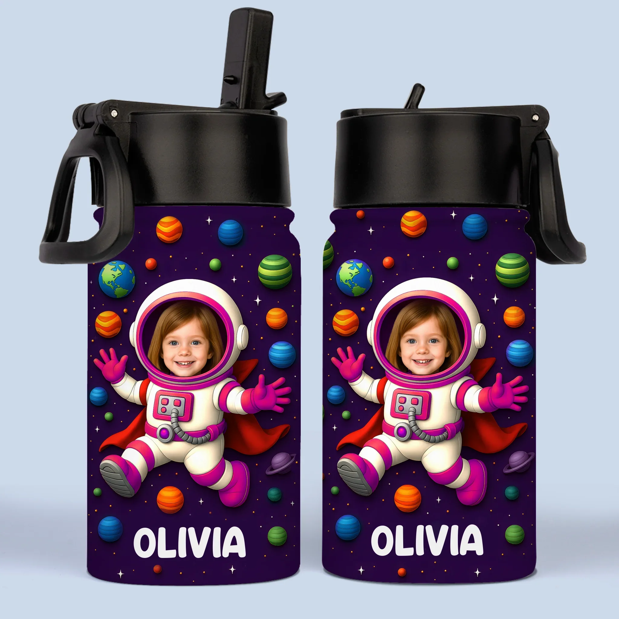 Custom Photo 3D Inflated Effect Printed Kids Water Bottle - Personalized Back To School Gifts For Kids - Dreams Launch Beyond The Stars - Image 2