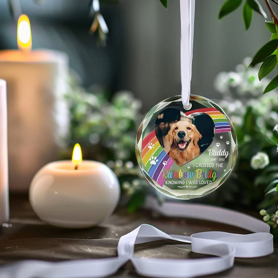 Custom Photo A Piece Of My Heart Is At The Rainbow Bridge - Memorial Personalized Custom Circle Glass Ornament - Sympathy Gift For Pet Owners, Pet Lovers - Image 3