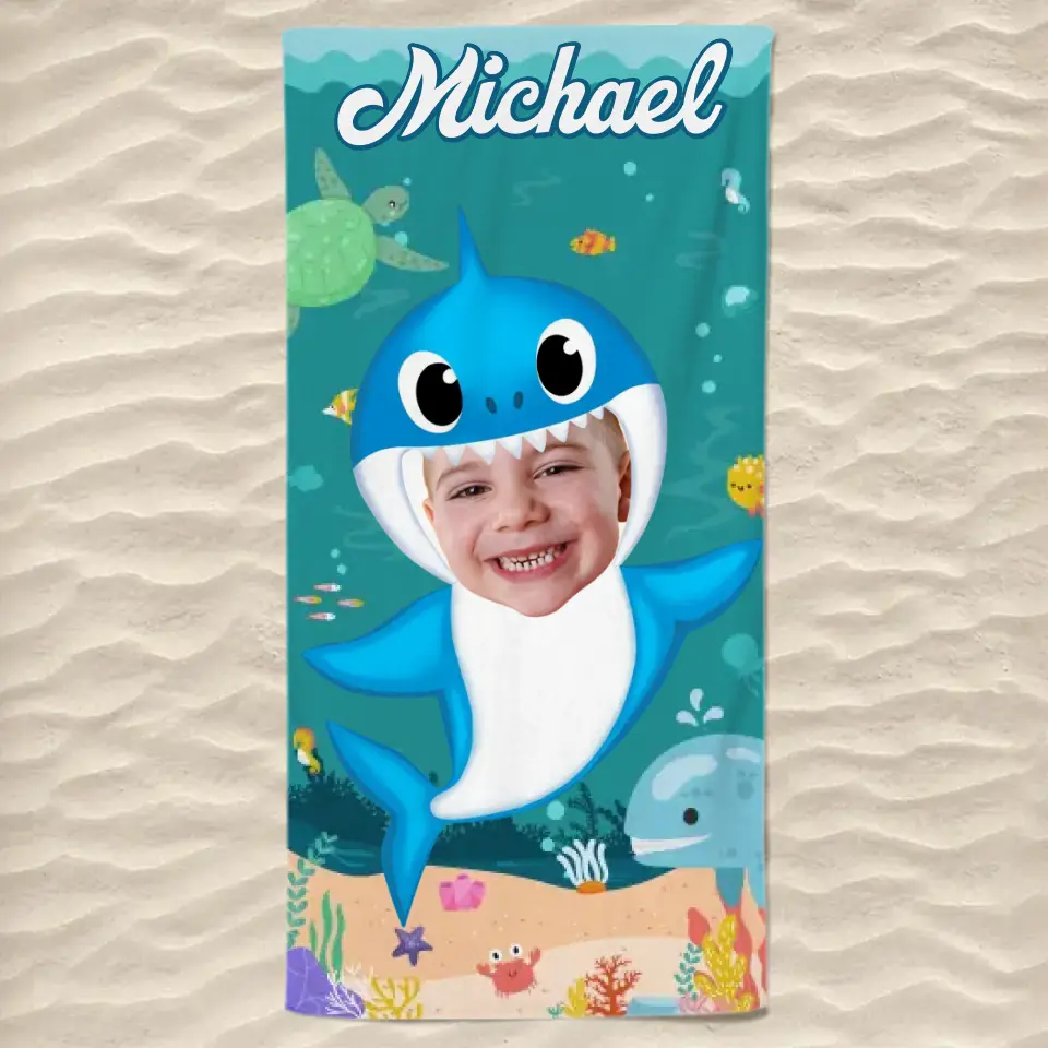 Custom Photo Baby Shark - Family Personalized Custom Beach Towel - Summer Vacation Gift, Birthday Pool Party Gift For Family Members - Image 2