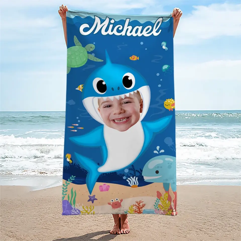 Custom Photo Baby Shark - Family Personalized Custom Beach Towel - Summer Vacation Gift, Birthday Pool Party Gift For Family Members - Image 3