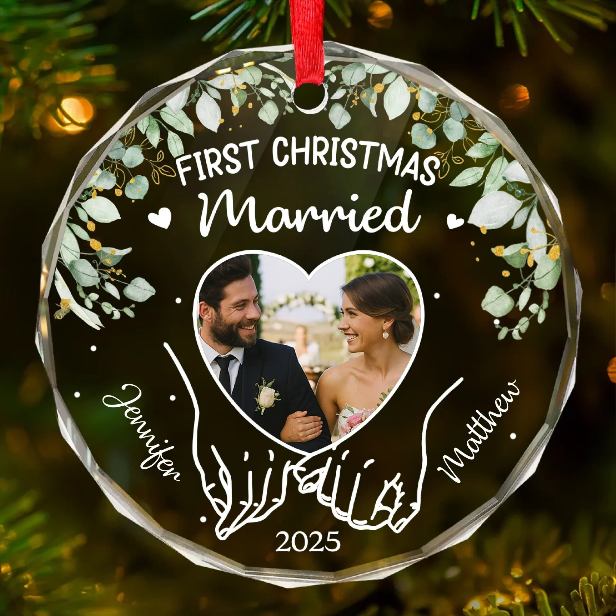 Custom Photo Circle Glass Ornament - Personalized Anniversary Christmas Wedding Gifts For Husband And Wife, Him And Her - Wrapped In Love, Tied With Joy - Image 2