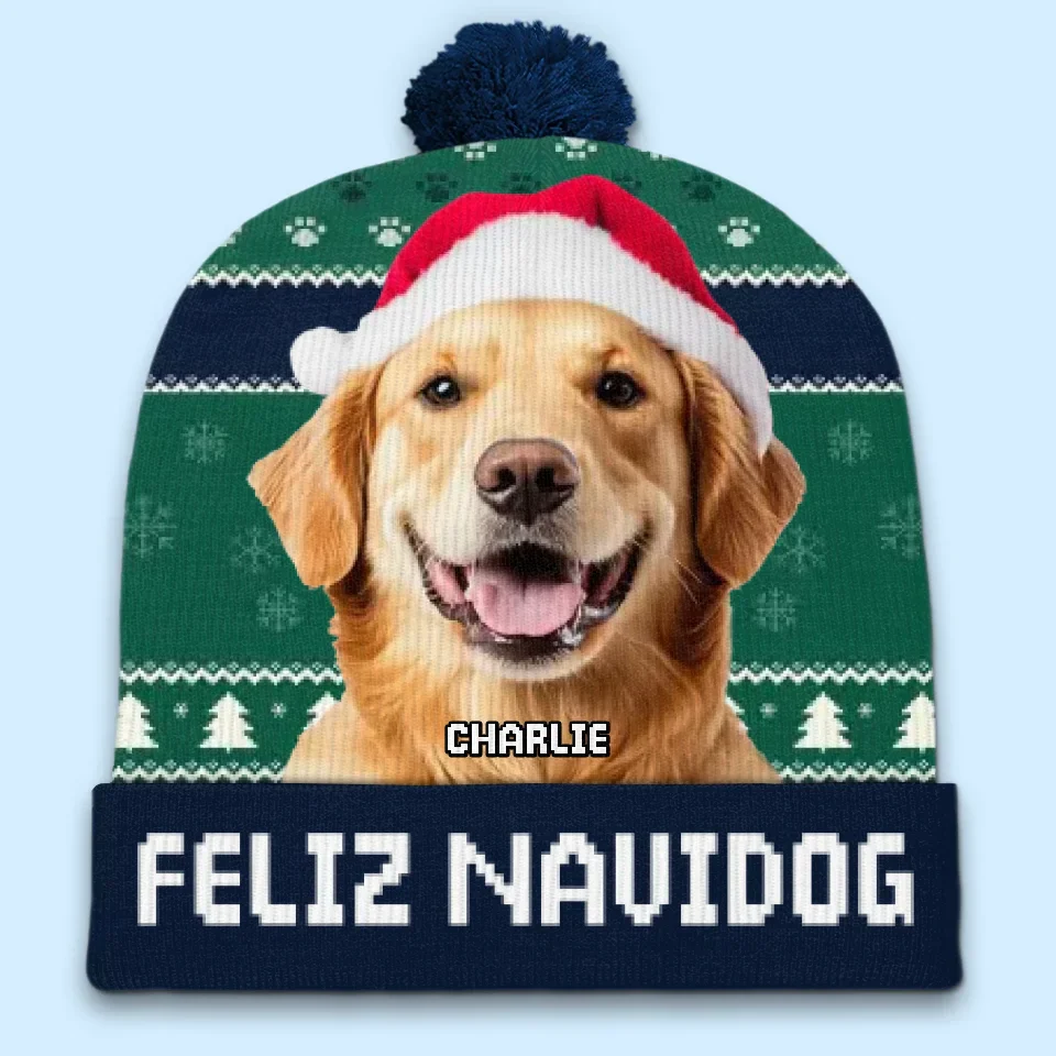 Custom Photo Feliz Navidog - Dog & Cat Personalized Custom Christmas Beanie Hat - Christmas Gift For Pet Owners, Pet Lovers - Image 6