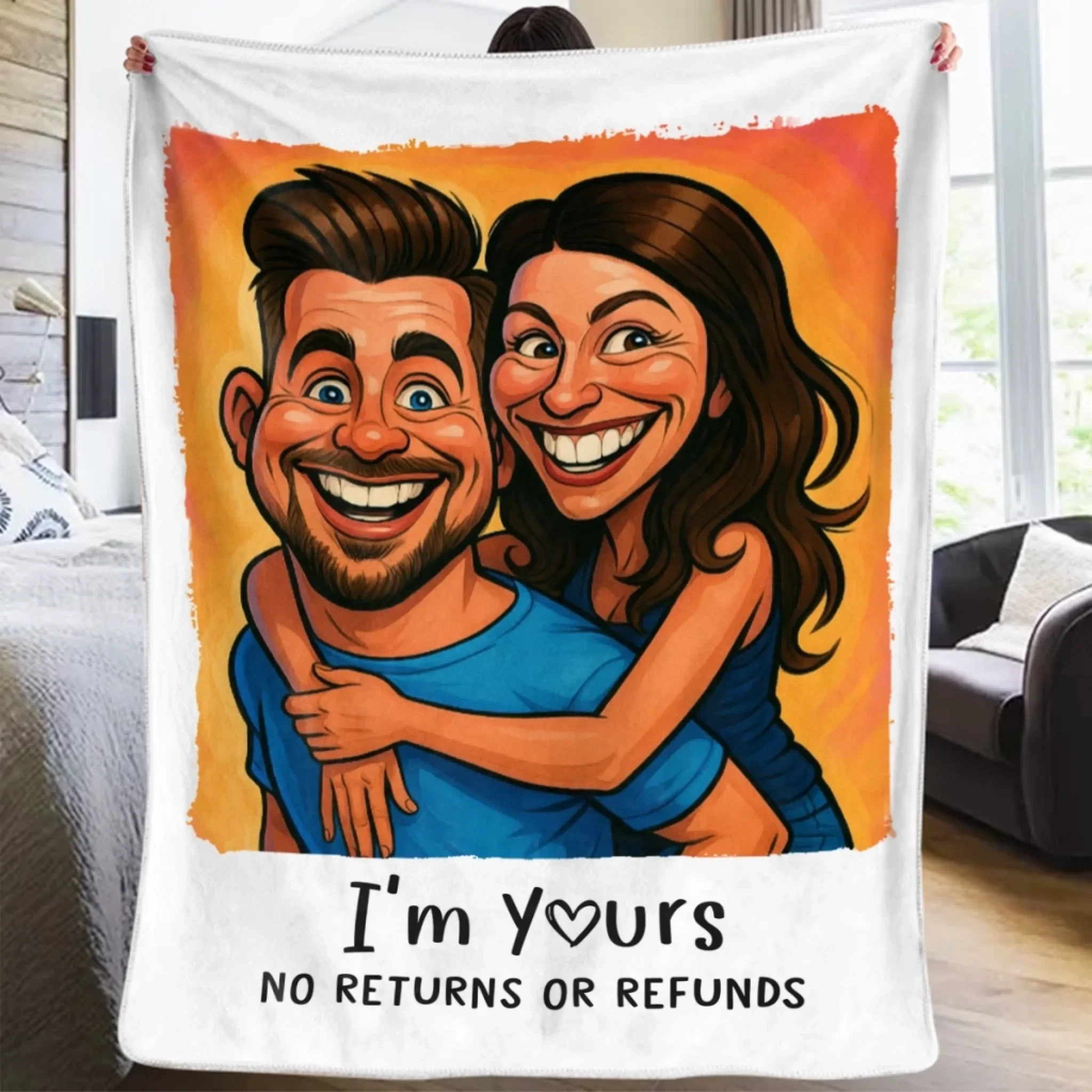 Custom Photo Funny Caricature Blanket - Personalized Anniversary Wedding Gifts For Husband And Wife, Him And Her - Annoying Each Other - Image 3
