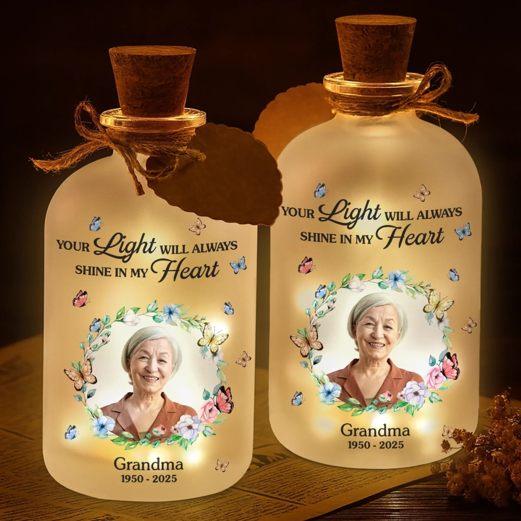 Custom Photo Glass Bottle LED Light - Personalized Christmas Memorial Sympathy Gifts For Loss Of Mom, Dad - Love Remains Beyond The Stars - Image 3