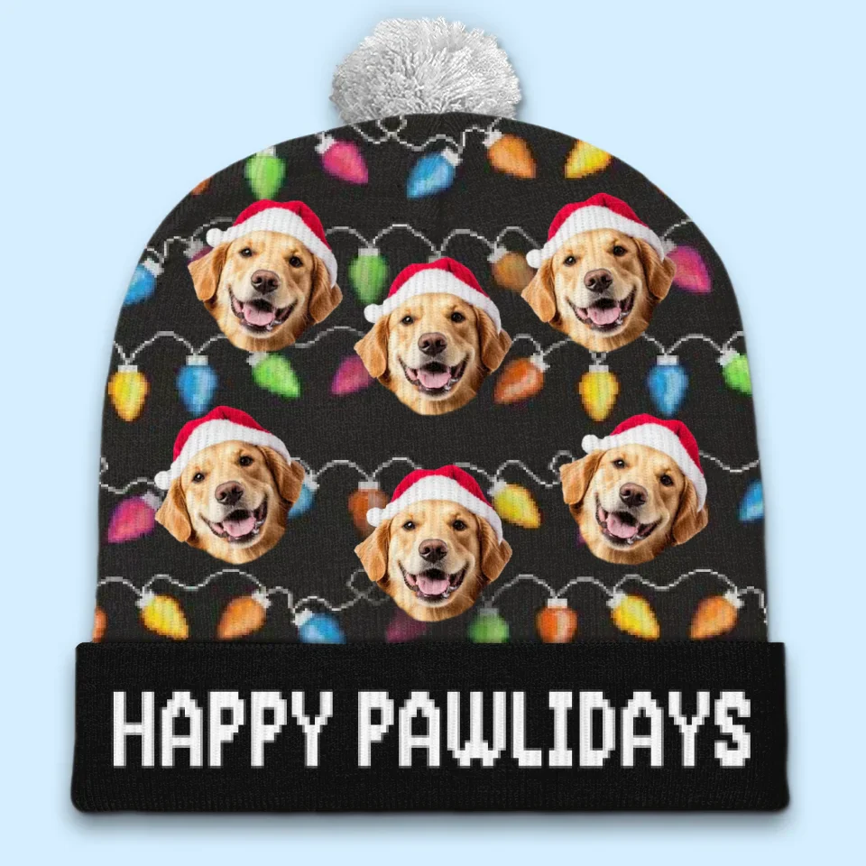 Custom Photo Happy Pawlidays - Dog & Cat Personalized Custom Christmas Beanie Hat - Christmas Gift For Pet Owners, Pet Lovers - Image 4