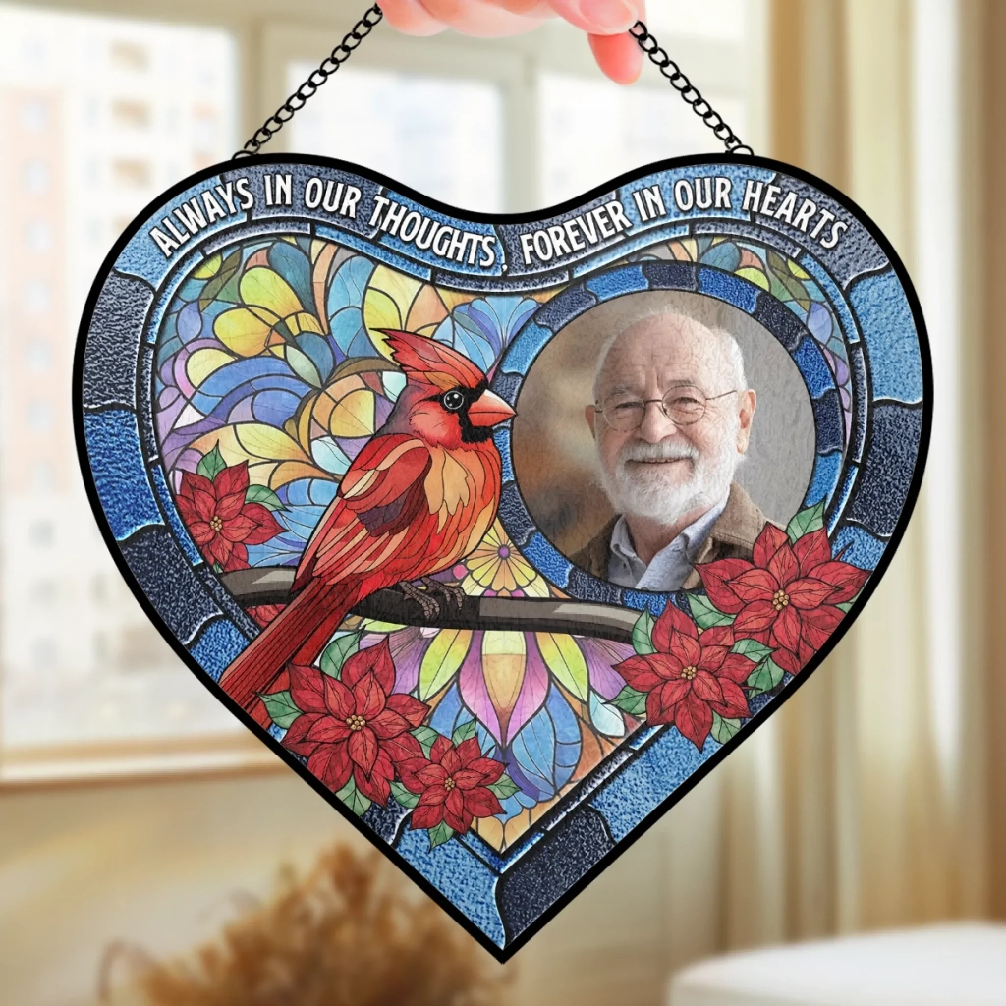 Custom Photo Heart-Shaped Stained Glass Window Suncatcher - Personalized Memorial Sympathy Gifts For Loss Of Mom, Dad - Always In Our Thoughts - Image 4
