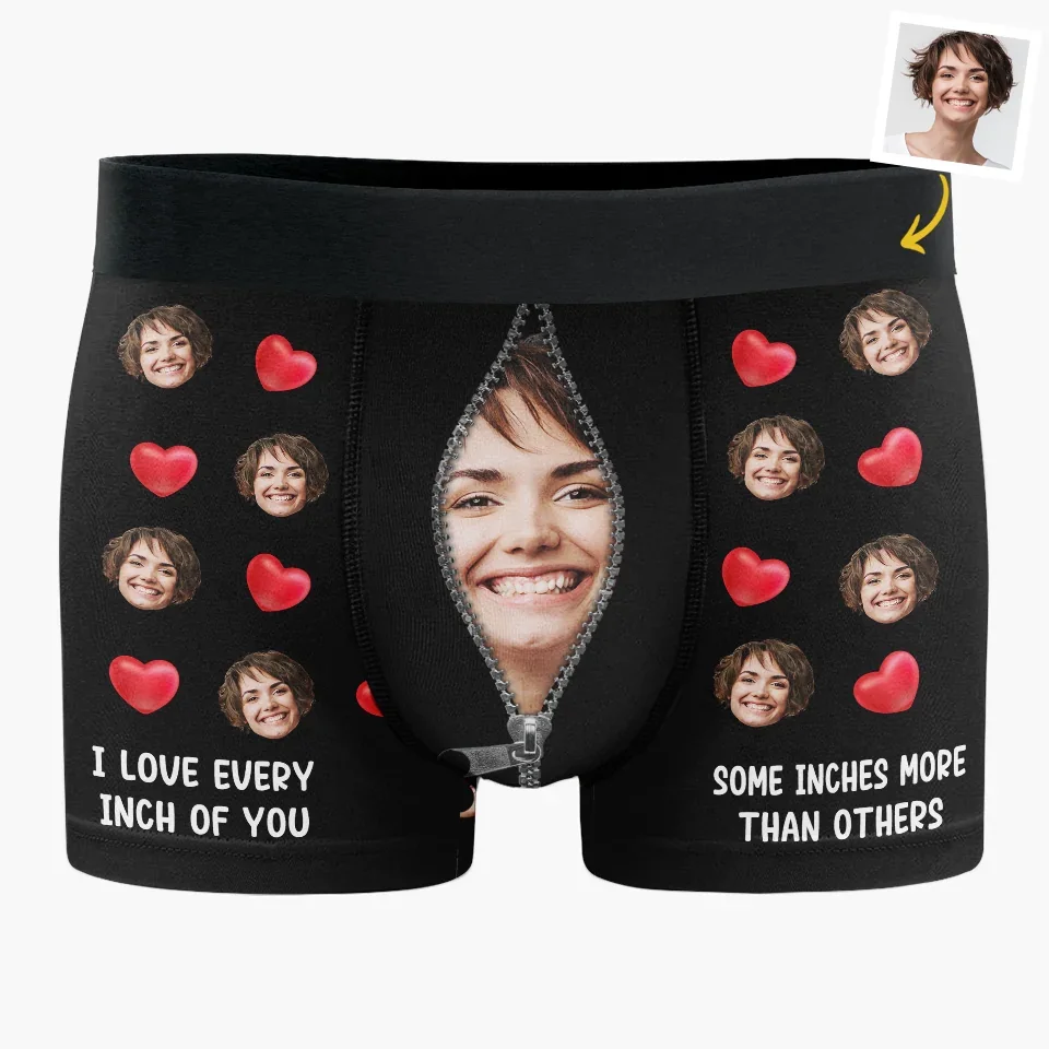 Custom Photo I Love Every Inch Of You - Couple Personalized Custom Boxer Briefs, Men's Boxers - Gift For Husband Wife, Anniversary