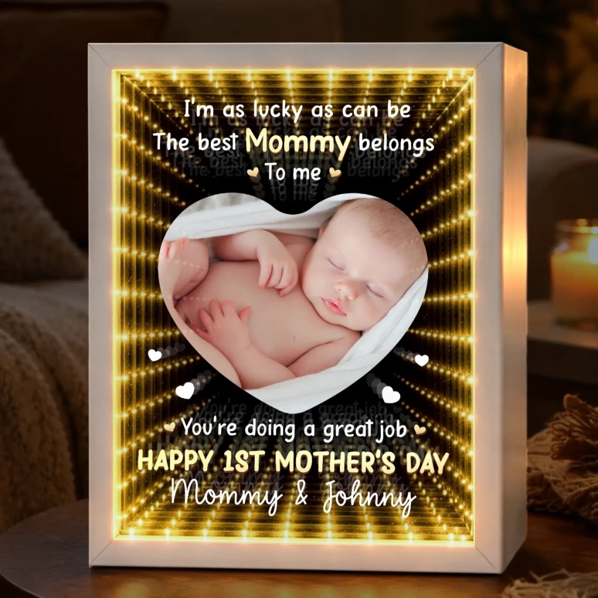 Custom Photo Infinity Mirror Light Box - Personalized Mother's Day Baby Shower, Gender Reveal Gifts For New Moms - First Mother’s Day Together - Image 3
