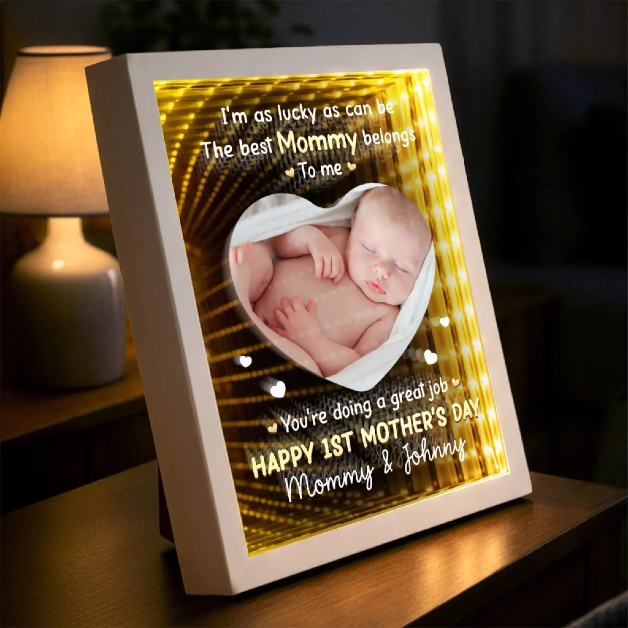 Custom Photo Infinity Mirror Light Box - Personalized Mother's Day Baby Shower, Gender Reveal Gifts For New Moms - First Mother’s Day Together - Image 4