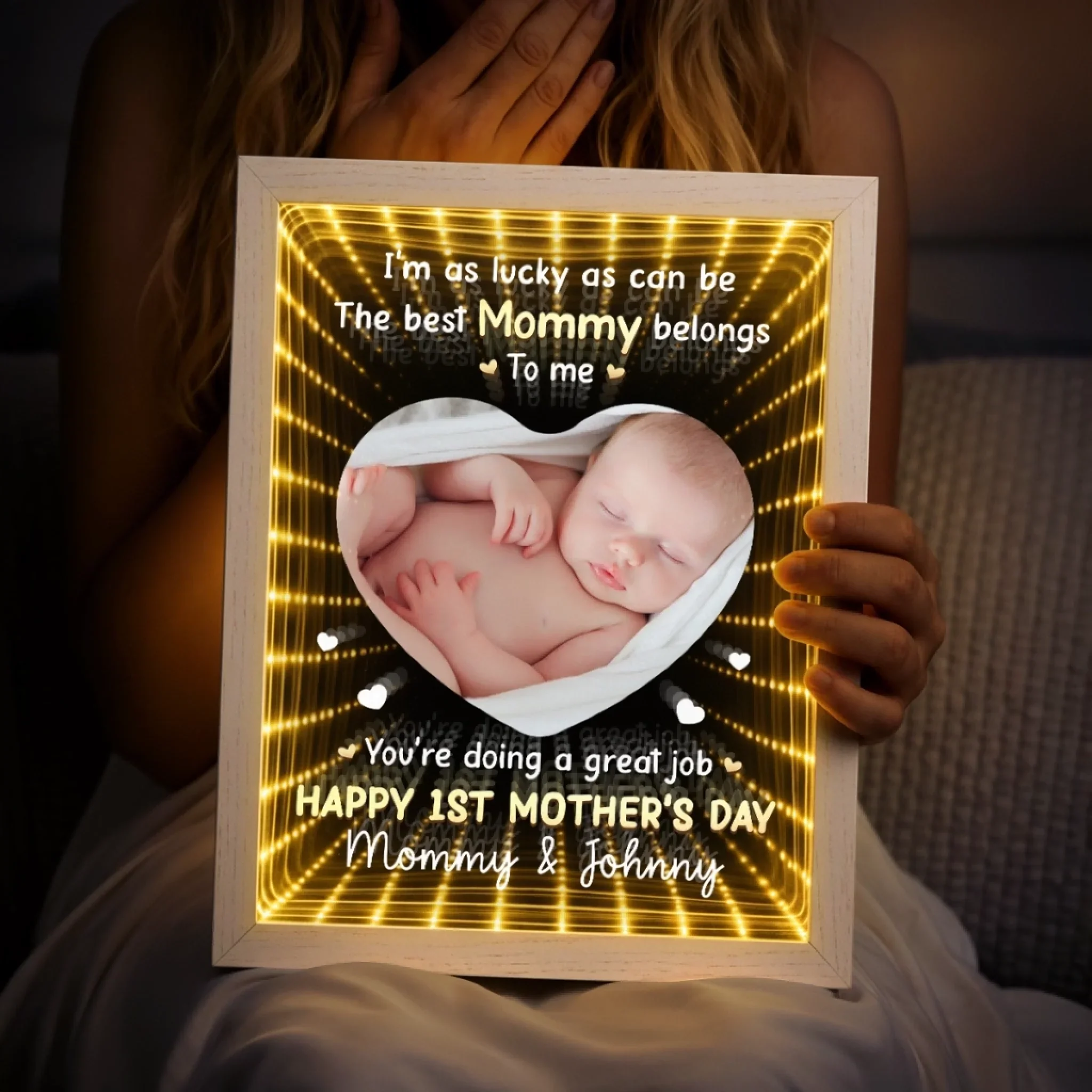 Custom Photo Infinity Mirror Light Box - Personalized Mother's Day Baby Shower, Gender Reveal Gifts For New Moms - First Mother’s Day Together - Image 5