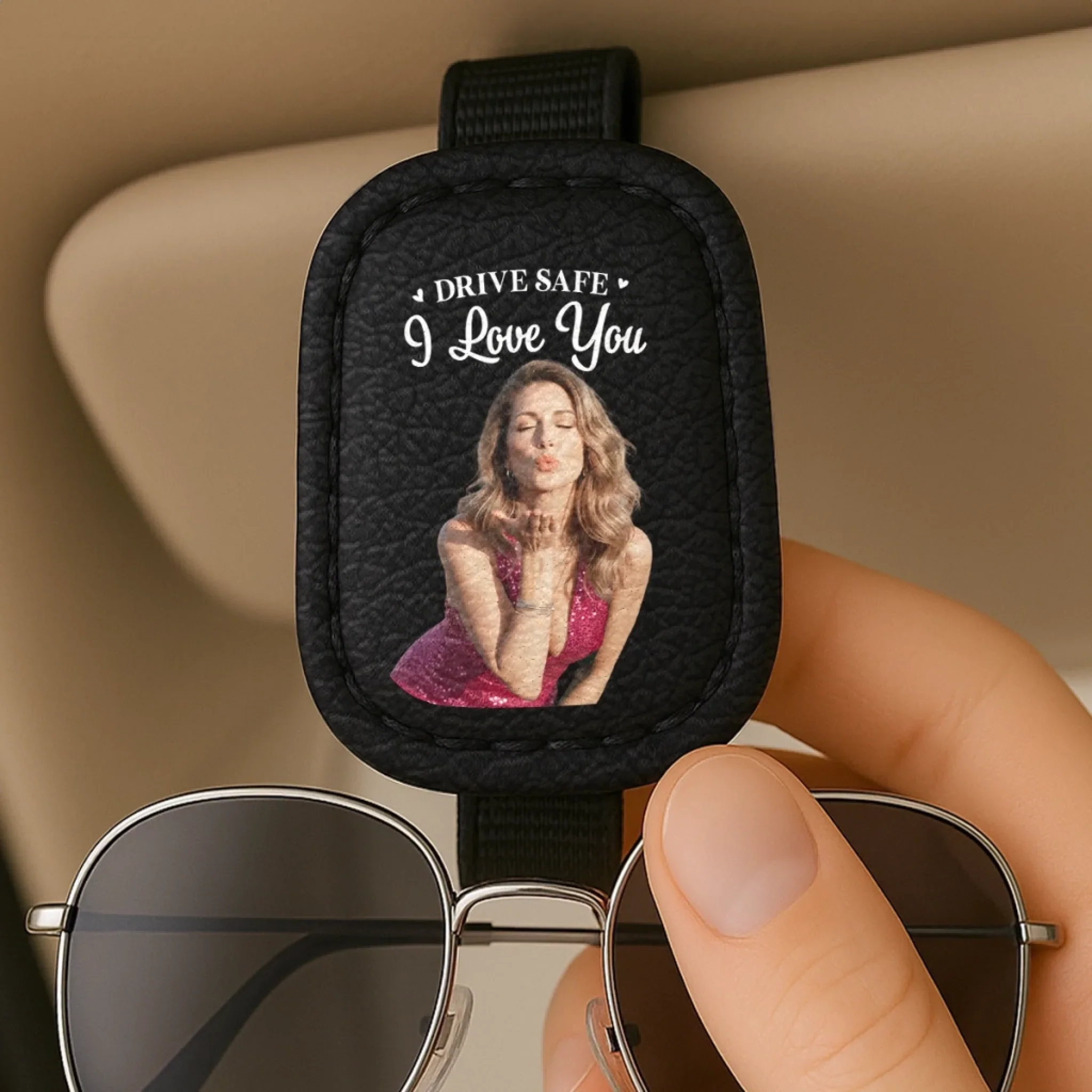 Custom Photo Leather Car Visor - Personalized Anniversary Wedding Gifts For Husband And Wife, Him And Her - Built For Love And Laughter - Image 4