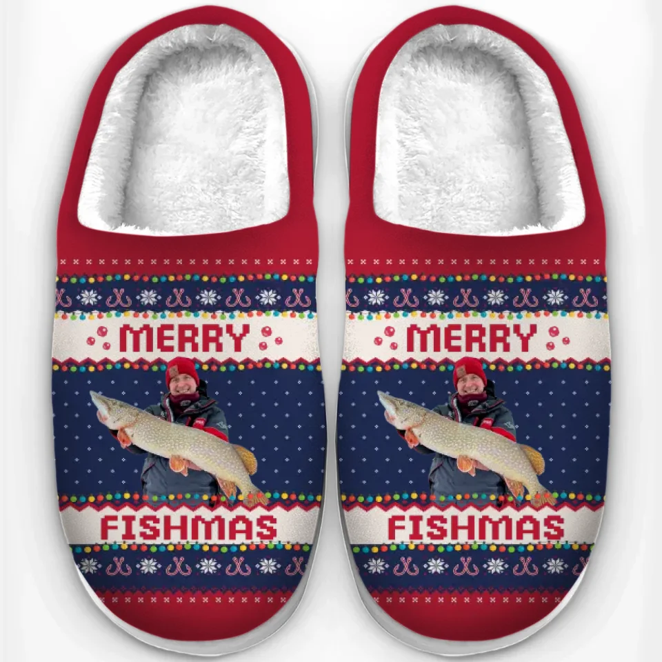 Custom Photo Merry Fishmas - Fishing Personalized Custom Fluffy Slippers - Christmas Gift For Fishing Lovers, Fisherman - Image 8