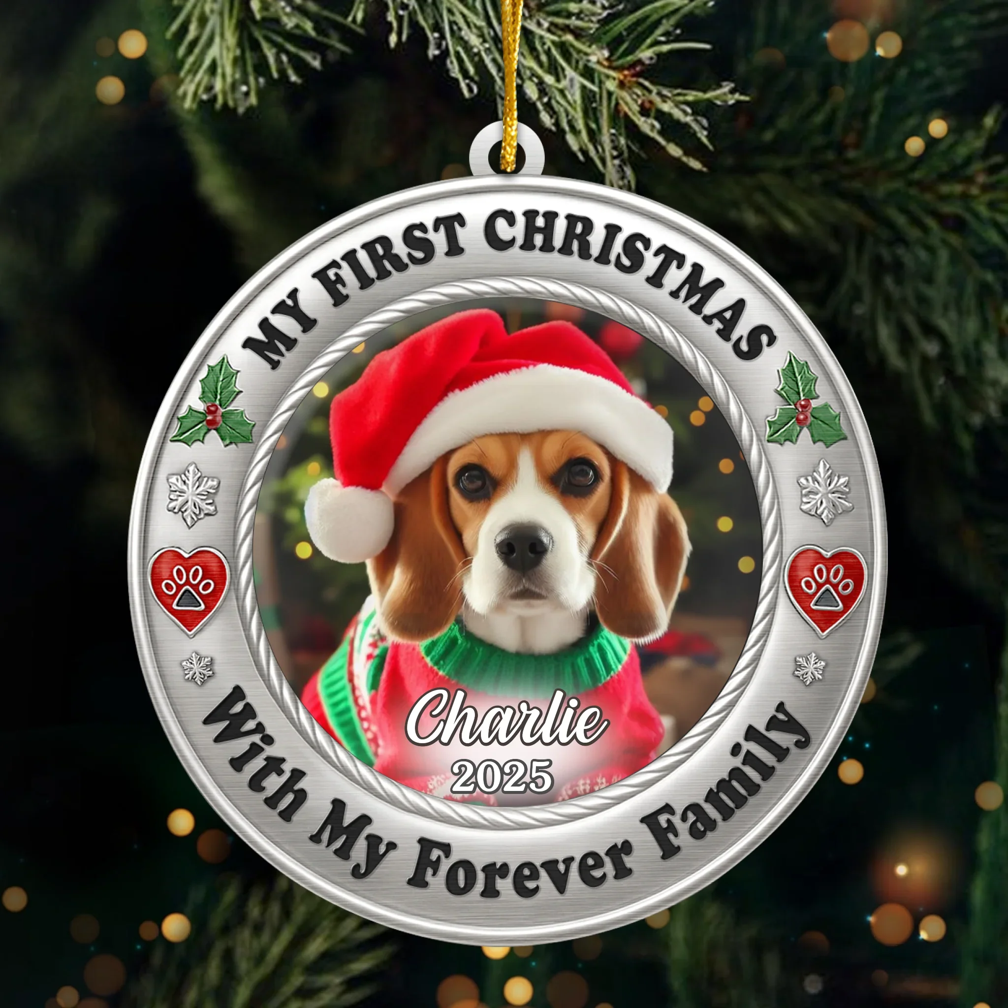 Custom Photo Metal Ornament - Personalized  Christmas Birthday Gifts For Dog Cat Lovers, Dog Dad And Mom, Cat Owners - Furever Family - Image 2