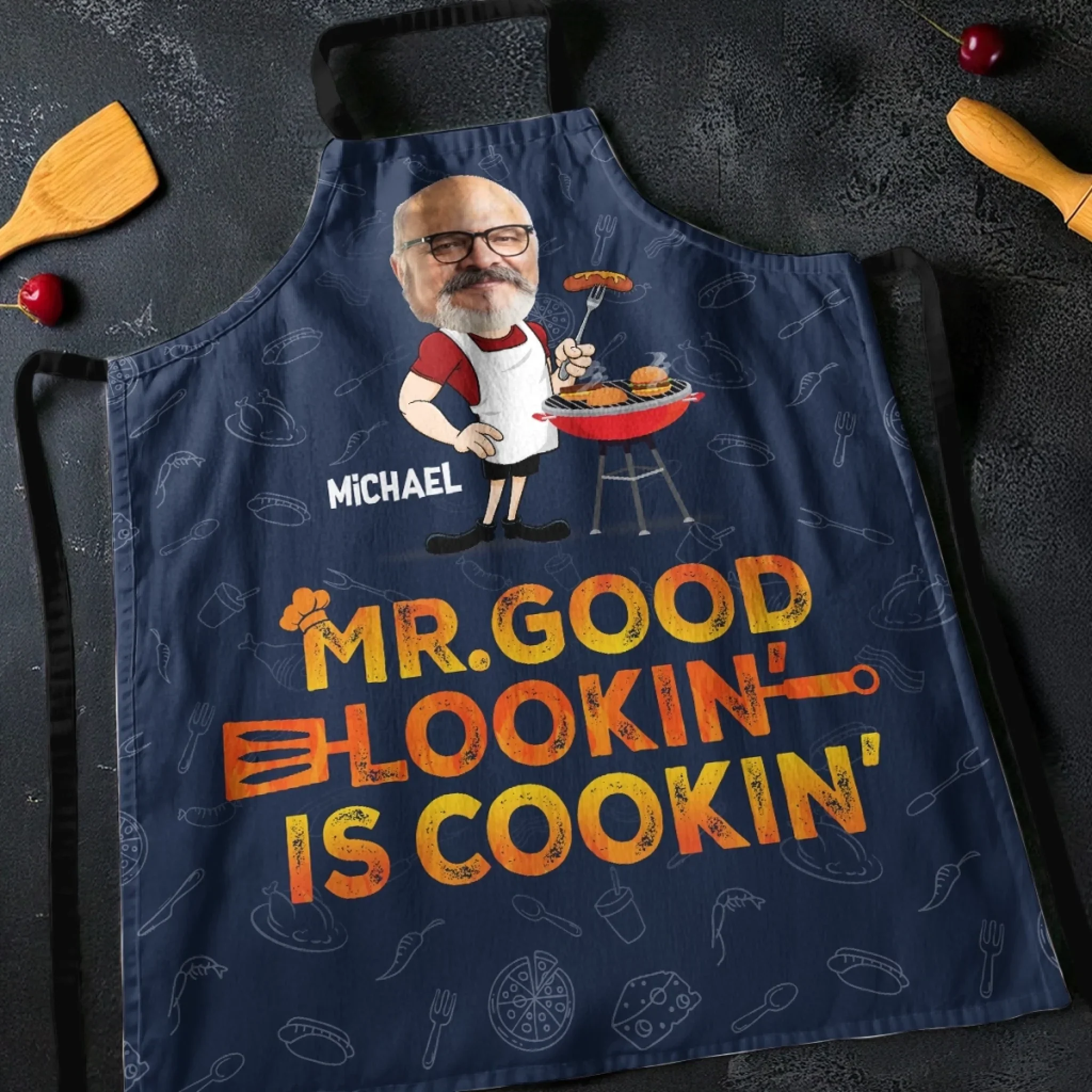 Custom Photo Mr. Good Looking Is Cooking - Family Personalized Custom Apron - Father's Day, Gift For Dad, Grandpa - Image 3