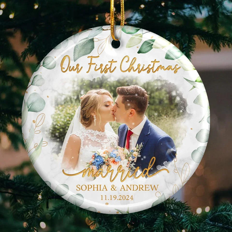 Custom Photo Our First Christmas Married - Couple Personalized Custom Ornament - Ceramic Round Shaped - Christmas Gift For Husband Wife, Anniversary, First Christmas