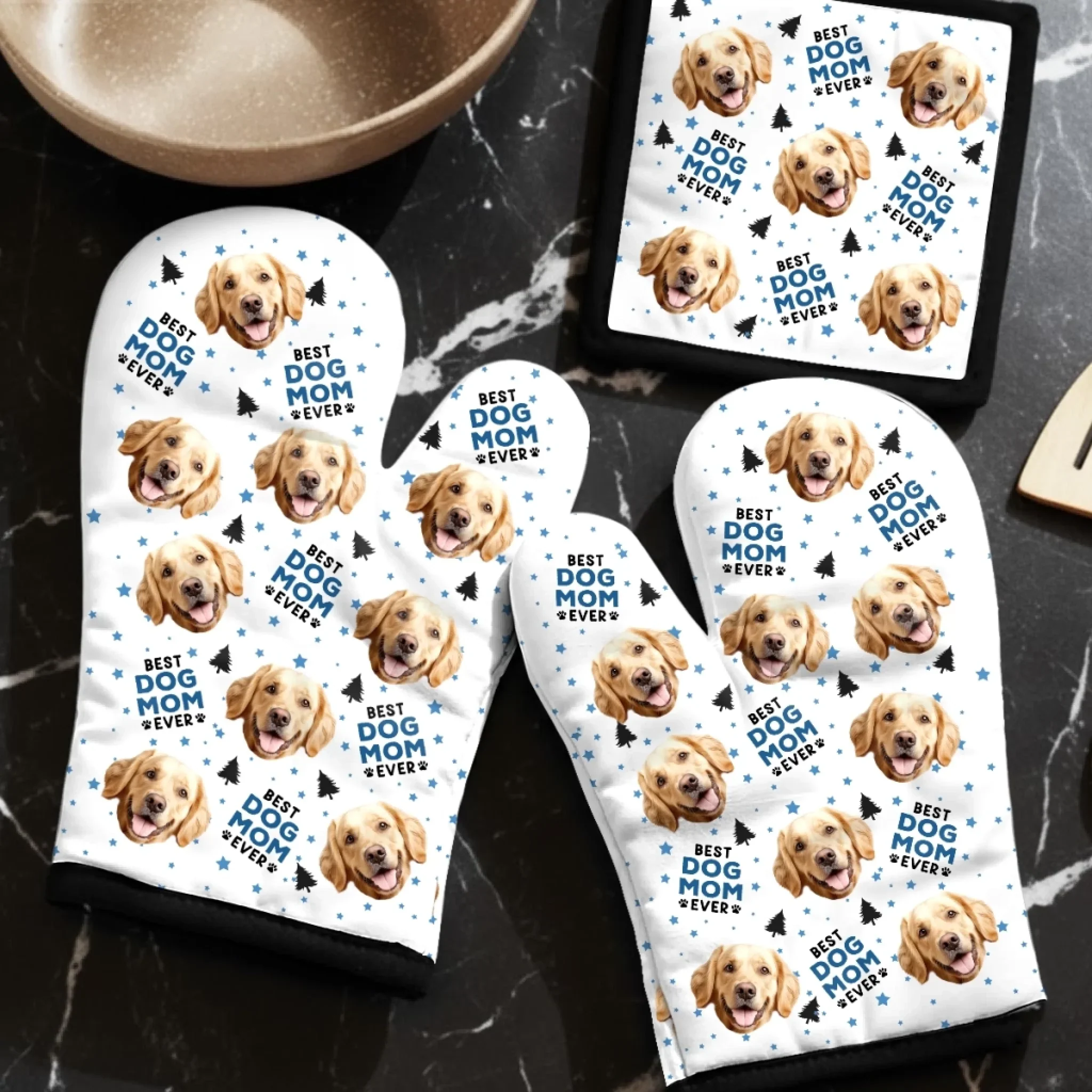 Custom Photo Oven Mitt And Pot Holder Set - Personalized Christmas Birthday Gifts For Mom, Grandma, Dog Cat Lovers - Best Fur Mom Ever
