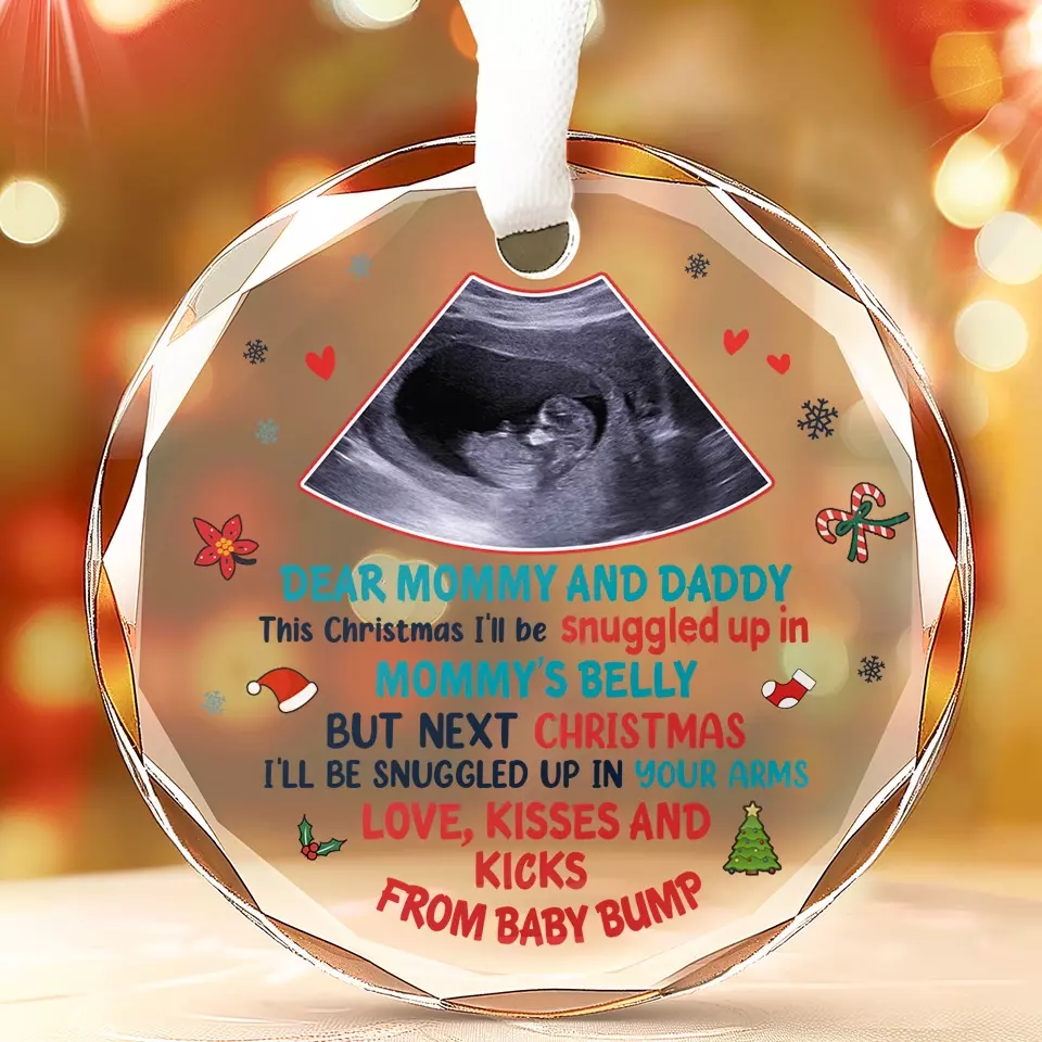 Custom Photo This Christmas I'll Be Snuggled In Mommy's Belly - Family Personalized Custom Circle Glass Ornament - Christmas Gift For Baby Kids, Newborn Baby - Image 3