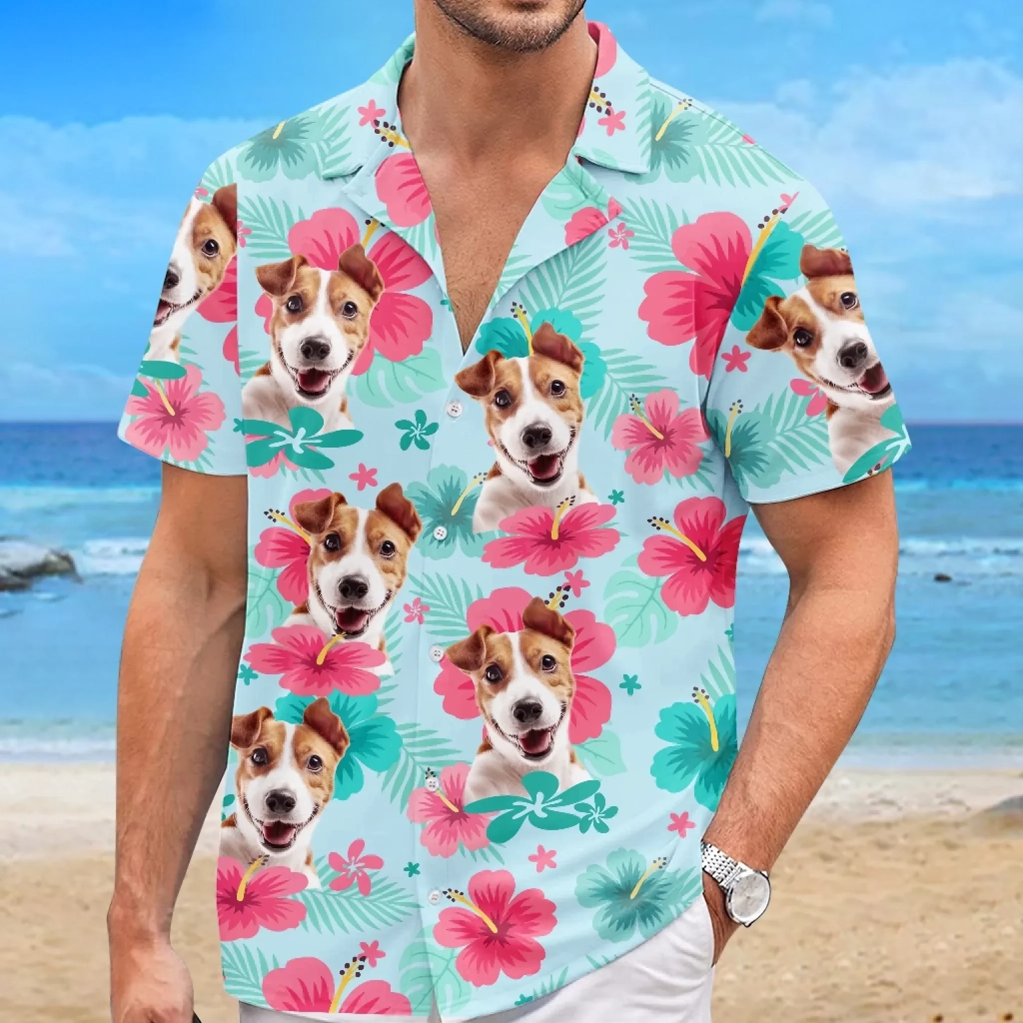 Custom Photo Unisex Tropical Hawaiian Aloha Shirt - Personalized Summer Vacation And Travel Gifts For Dog Cat Lovers, Dog Dad And Mom, Cat Owners - Summer With My Fur Buddy - Image 4