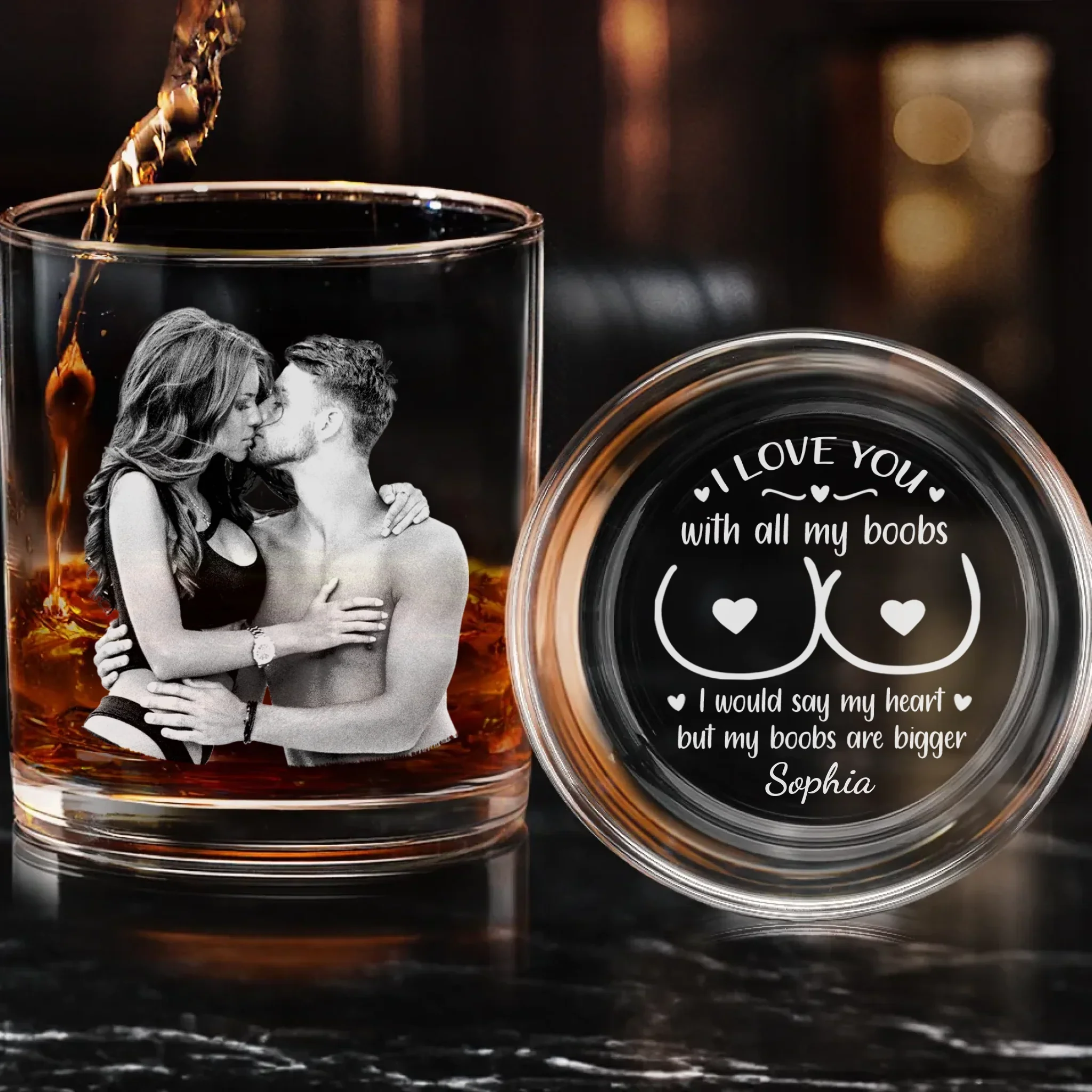 Custom Photo Whiskey Glass With Bottom And Side Engraving - Personalized Anniversary Wedding Gifts For Husband And Wife, Him And Her - Let’s Grow Old And Weird Together - Image 2