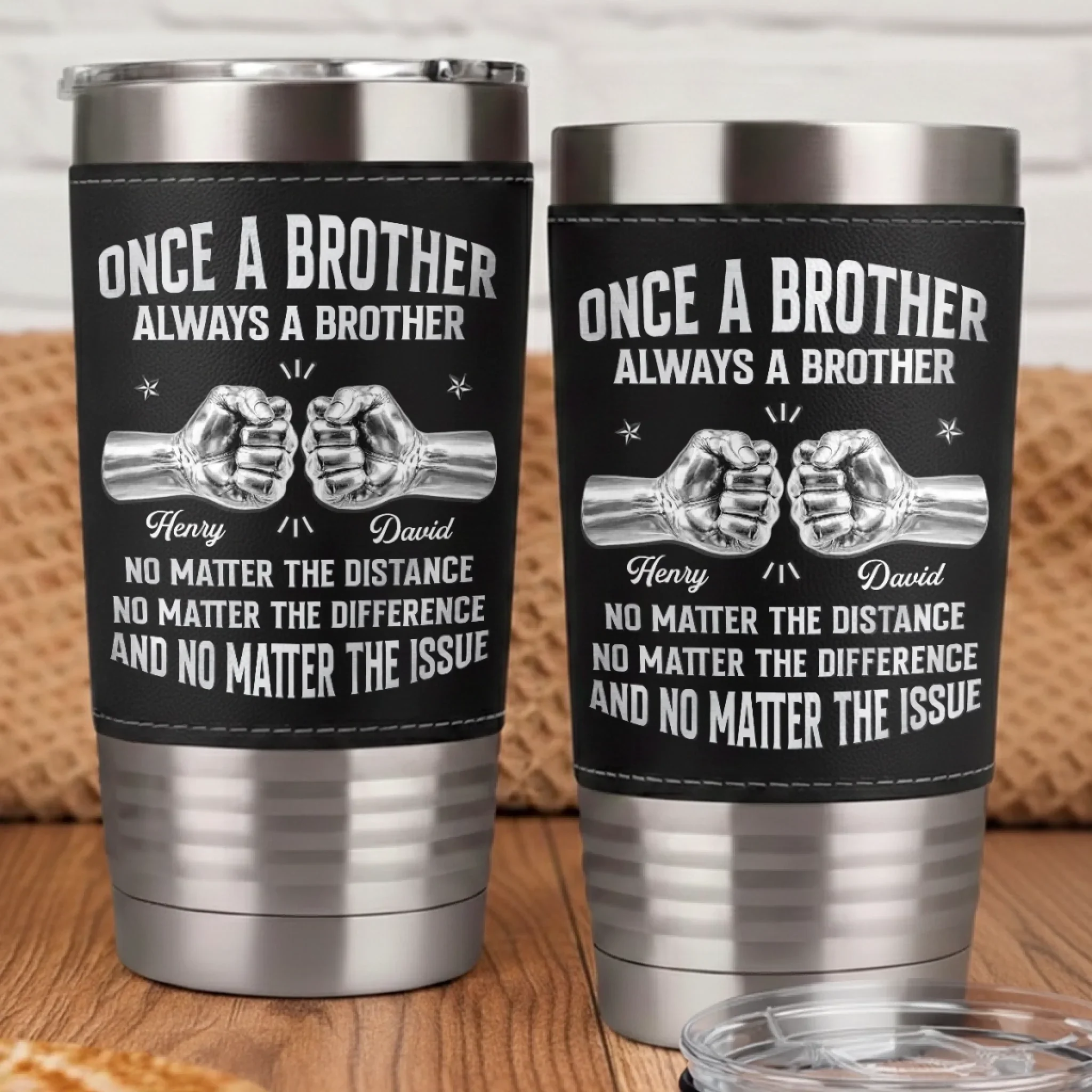 Custom Printed Leather Tumbler - Personalized Birthday Gifts For Brother - Forever Brothers Always Us - Image 3