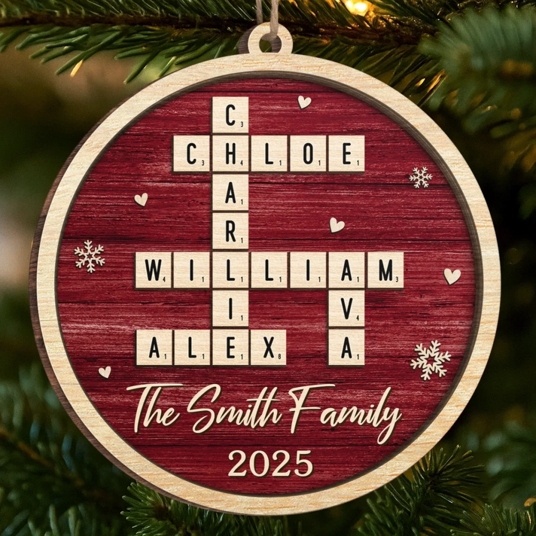 Custom Scrabble Wood Ornament - Personalized Christmas Birthday Gifts For Mom, Dad, Brother, Sister, Kids - Love Spelled The Family Way