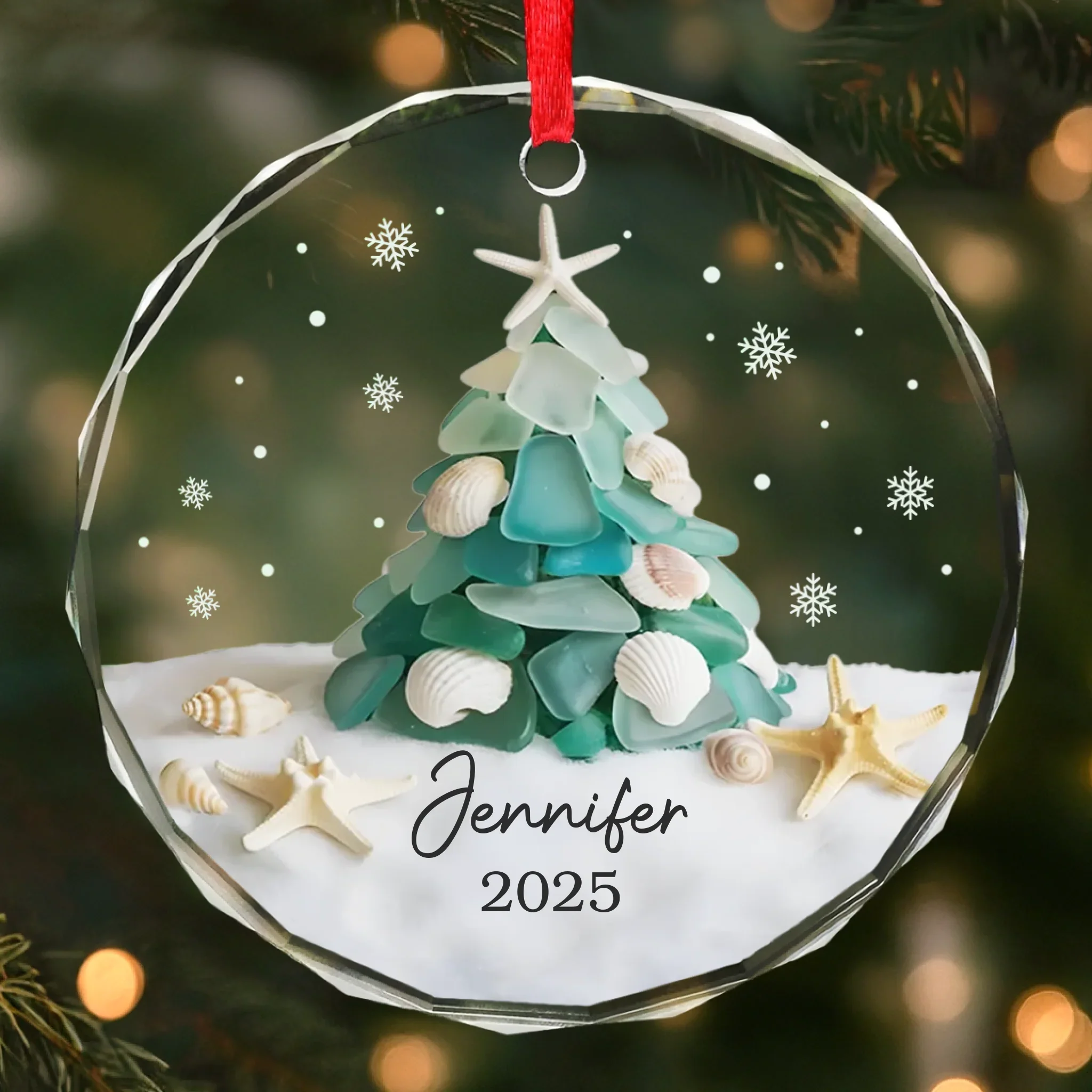 Custom Sea Glass Circle Glass Ornament - Personalized Christmas Birthday Gifts For Mom, Dad, Brother, Sister, Kids, Beach Lovers - Coastal Christmas Magic - Image 2