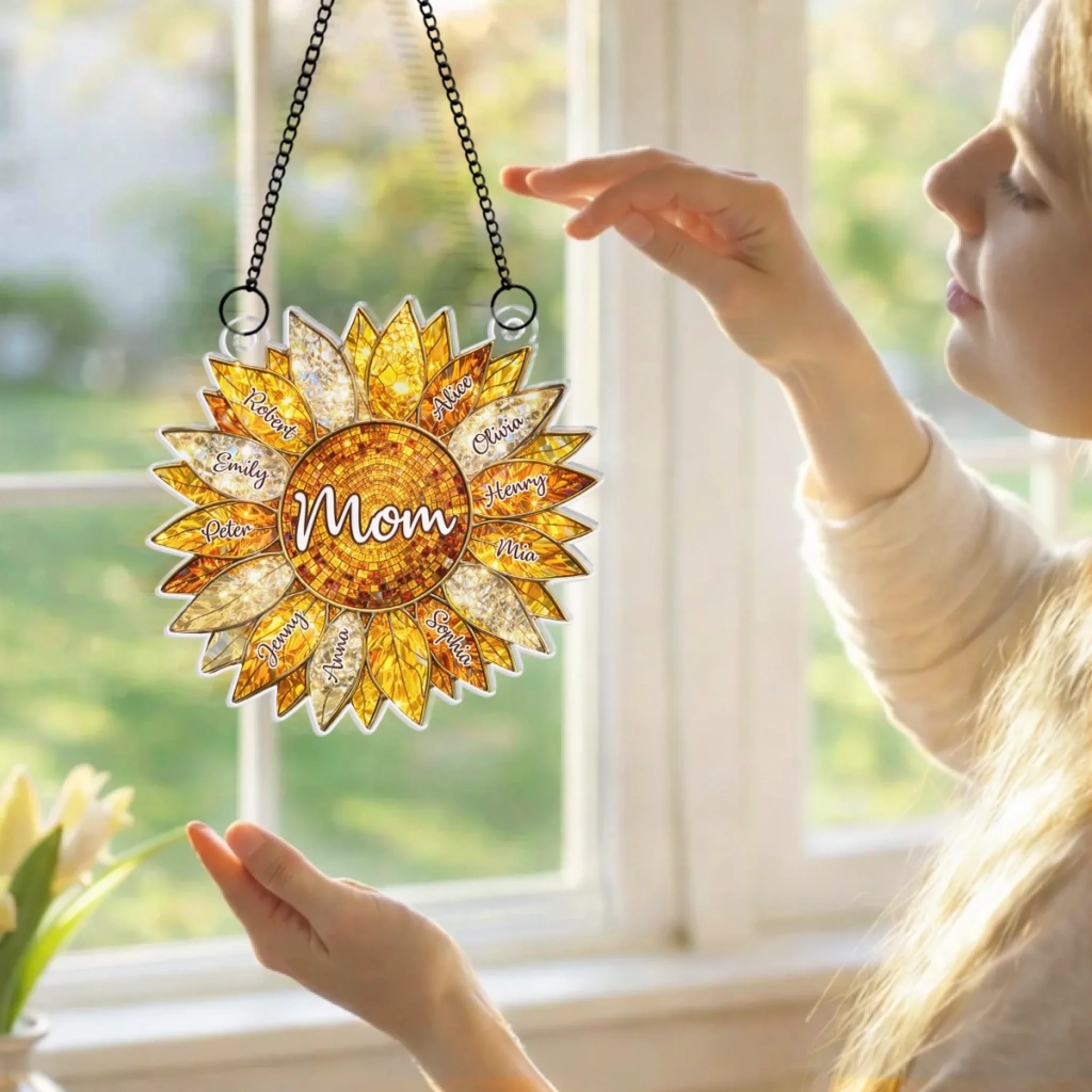 Custom Sunflower Window Hanging Suncatcher Ornament - Personalized Mother's Day Birthday Gifts For Mom, Grandma - The Sunshine Of Our Family - Image 8