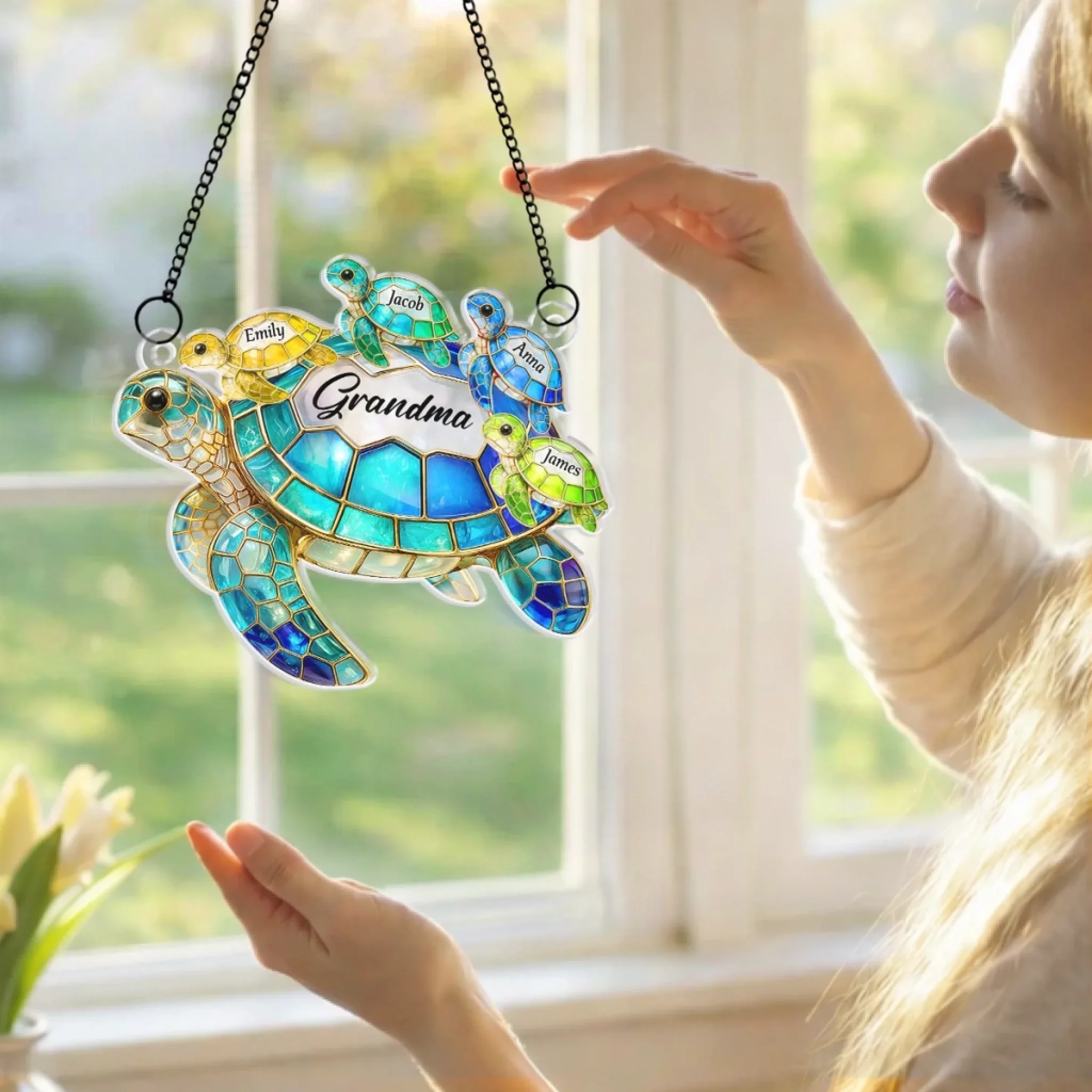 Custom Turtle Window Hanging Suncatcher Ornament - Personalized Mother's Day Birthday Gifts For Mom, Grandma - Wherever You Go, Love Follows - Image 5