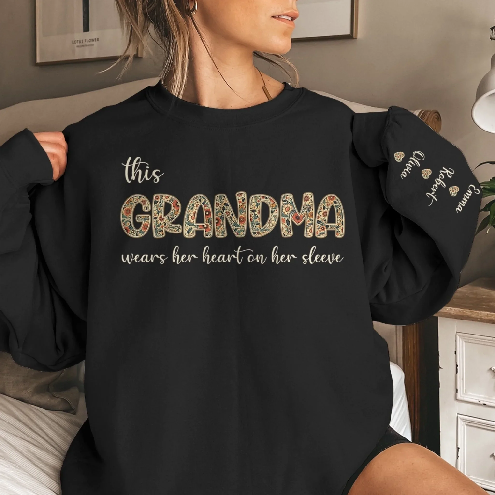 Custom Unisex Sweatshirt, Hoodie With Design On Sleeve - Personalized Birthday Gifts For Mom, Grandma - Loved And Cherished - Image 2