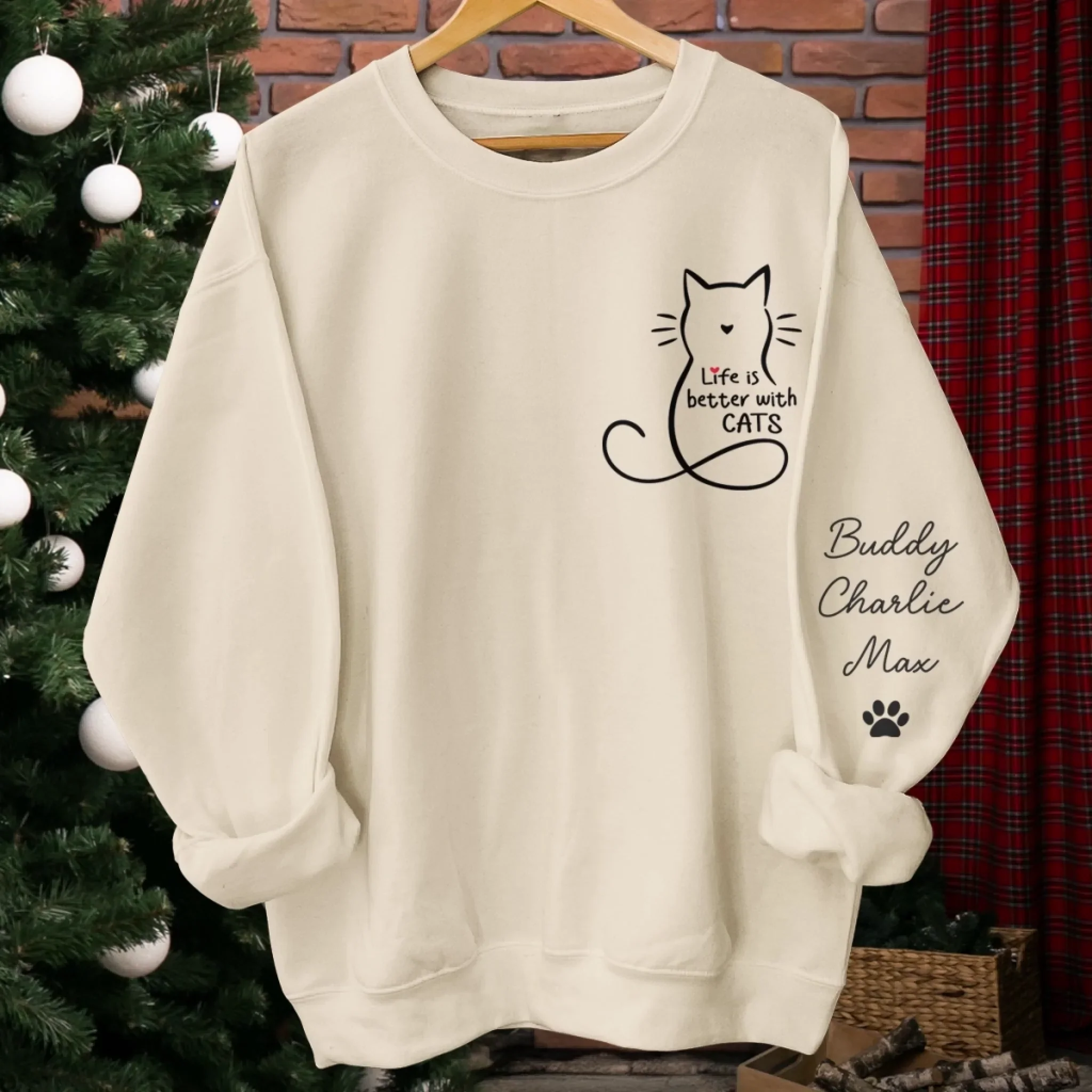 Custom Unisex Sweatshirt, Hoodie With Design On Sleeve -  Personalized Christmas Birthday Gifts For Cat Lovers, Cat Mom And Dad - Home Smells Like Cat Fur - Image 6