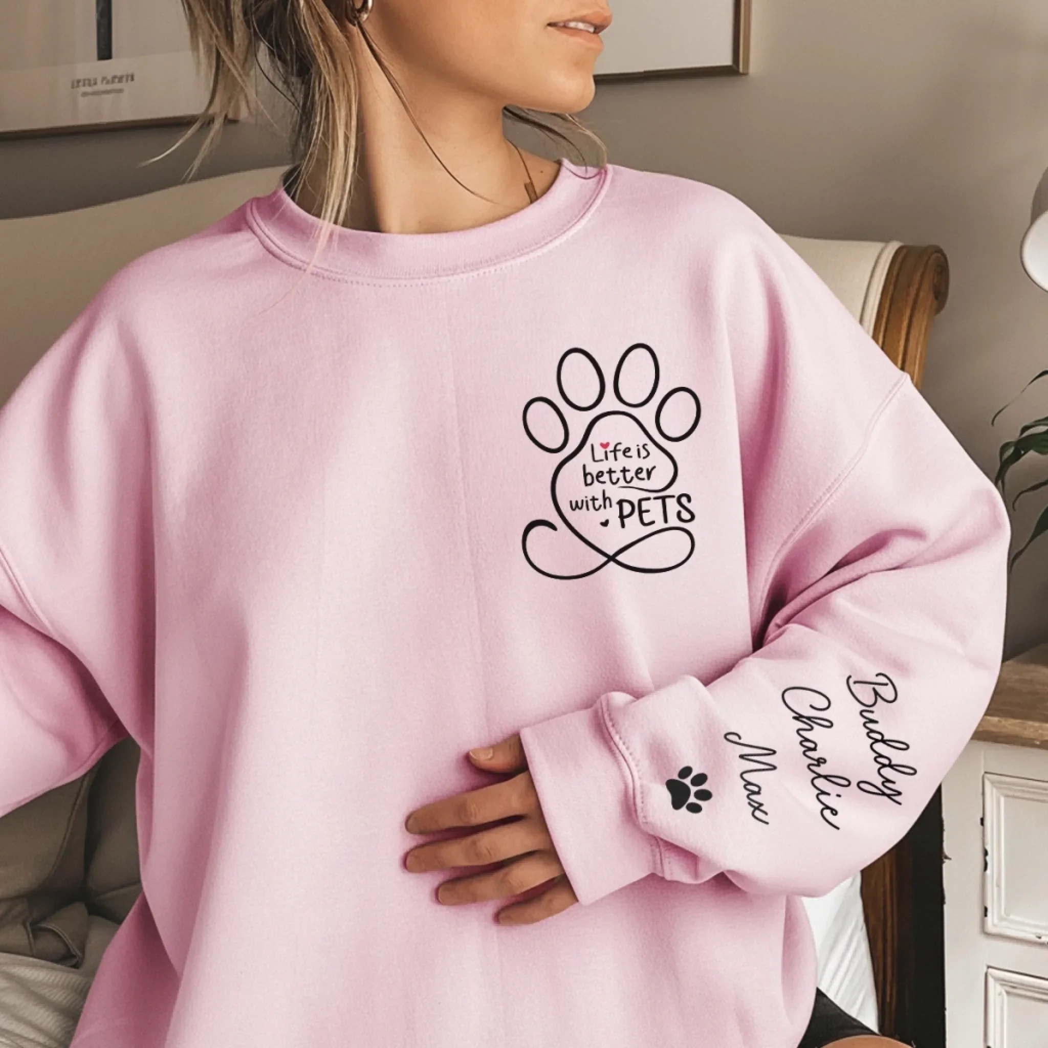 Custom Unisex Sweatshirt, Hoodie With Design On Sleeve -  Personalized Christmas Birthday Gifts For Dog Cat Lovers, Dog Dad And Mom, Cat Owners - Loved By My Fur Crew - Image 3