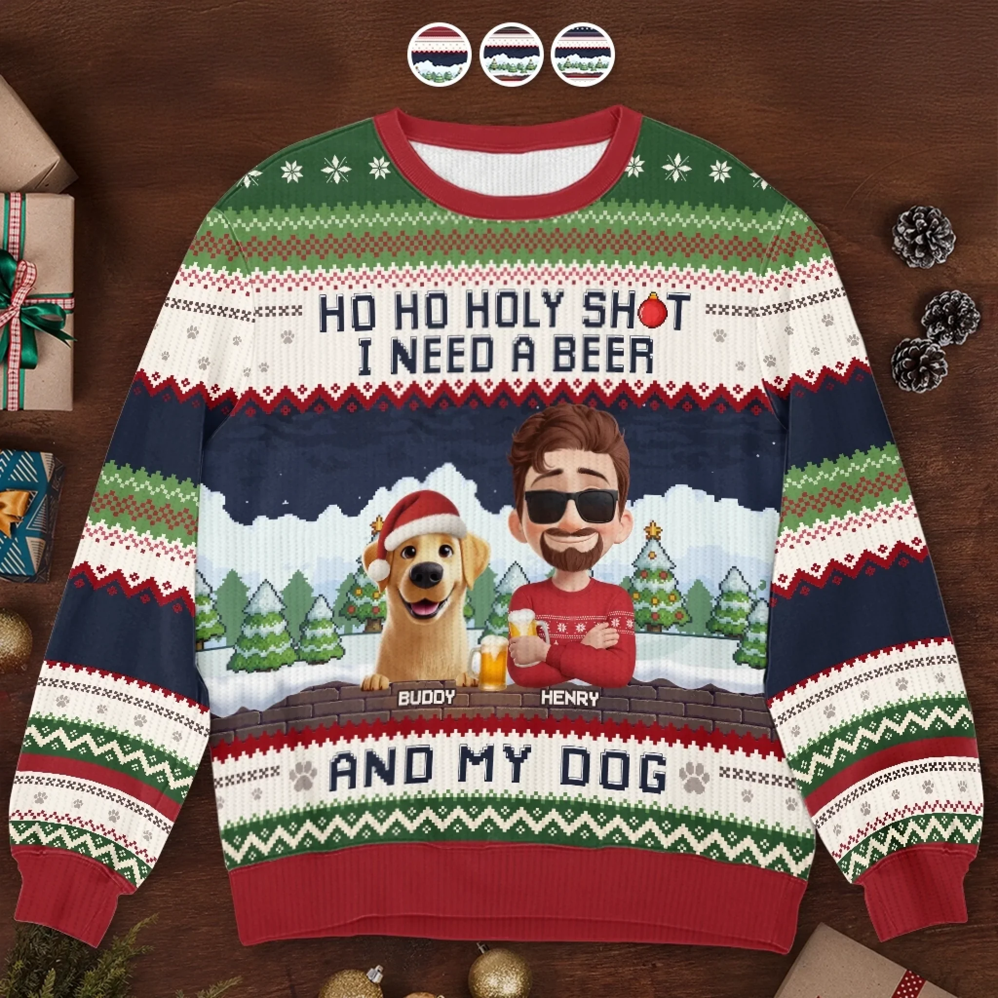 Custom Unisex Ugly Sweatshirt - Personalized  Christmas Birthday Gifts For Dog Lovers, Dog Dad And Mom - Ho Ho Hold My Beer