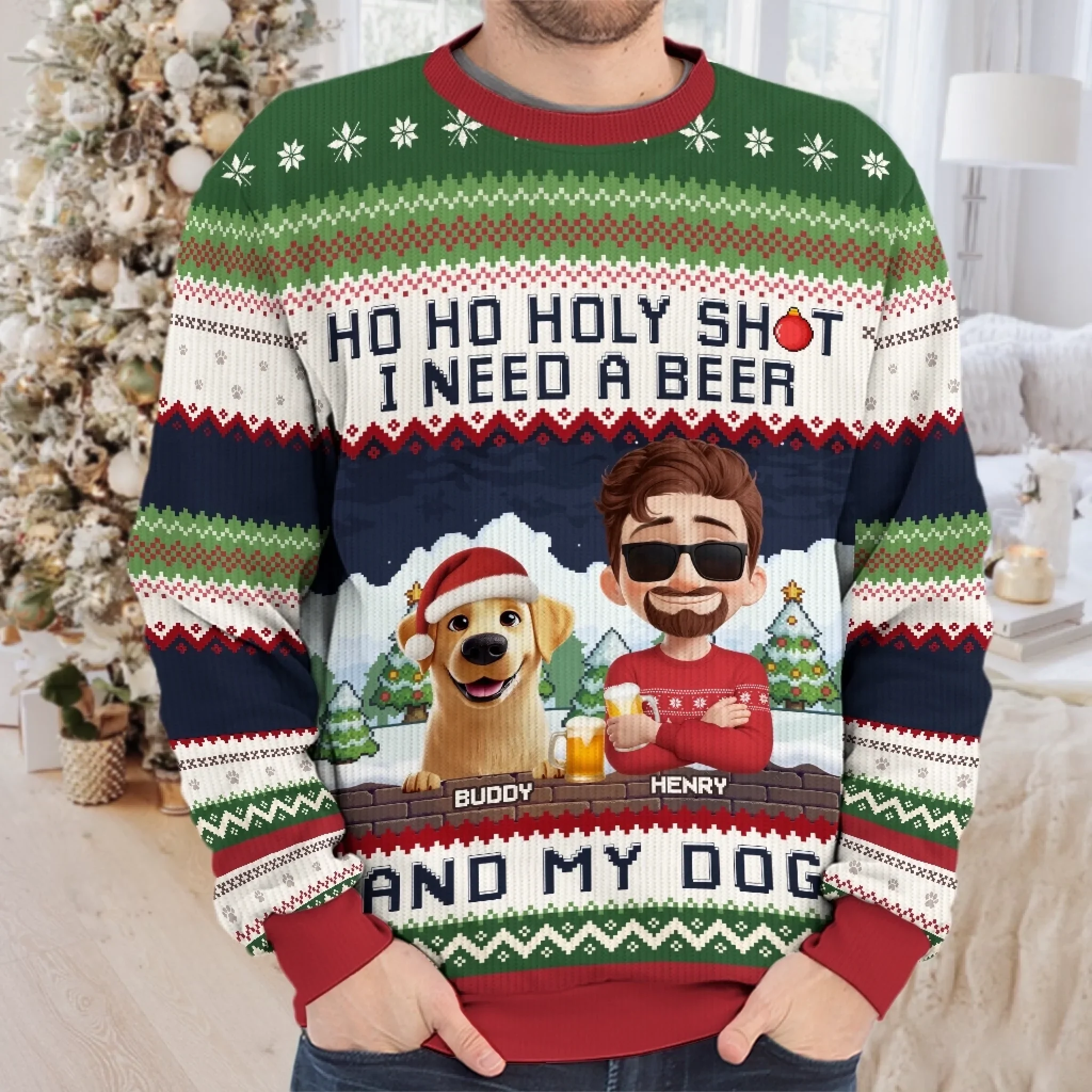 Custom Unisex Ugly Sweatshirt - Personalized  Christmas Birthday Gifts For Dog Lovers, Dog Dad And Mom - Ho Ho Hold My Beer - Image 3