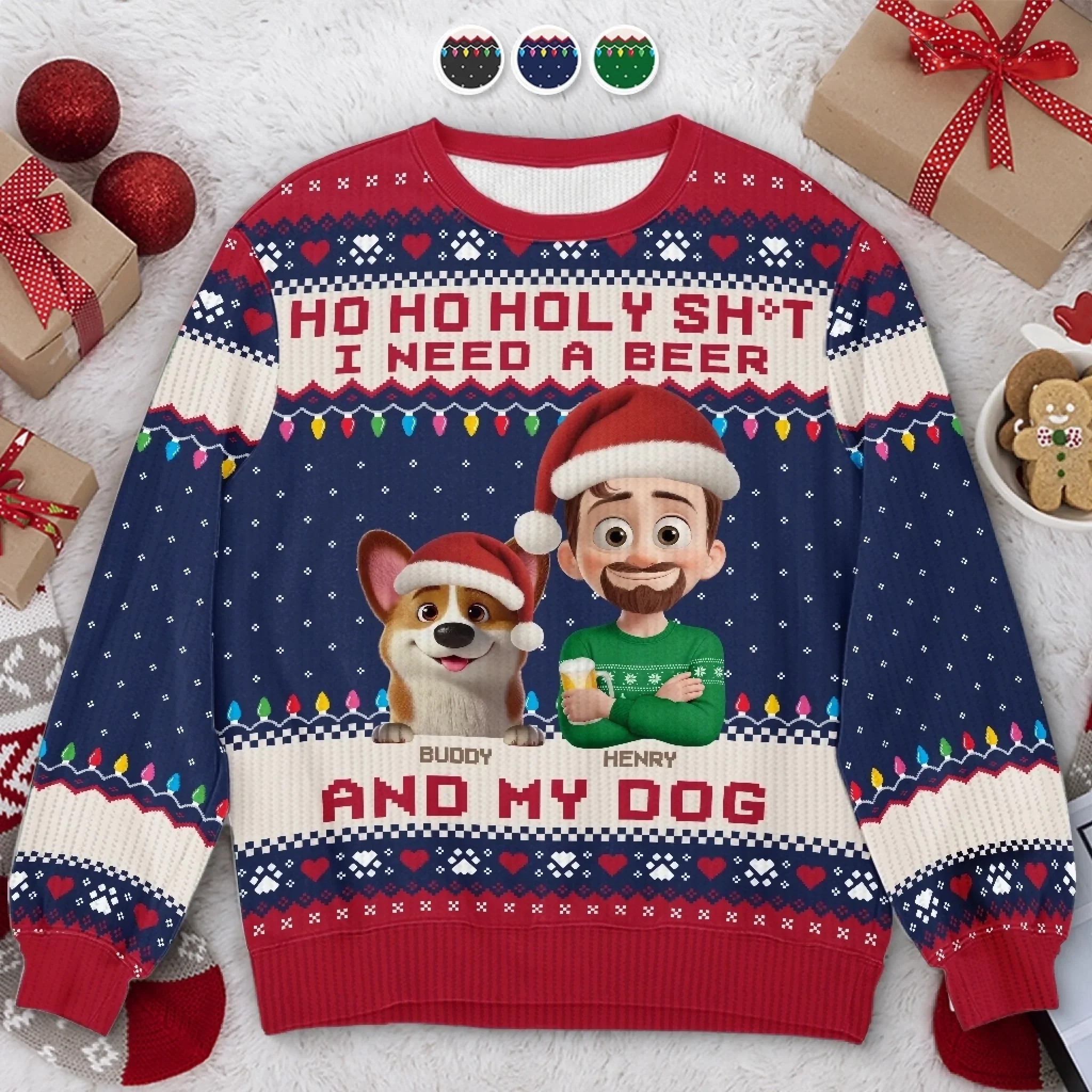 Custom Unisex Ugly Sweatshirt - Personalized Christmas Birthday Gifts For Dog Lovers, Dog Dad And Mom - Santa’s Drinking Buddy