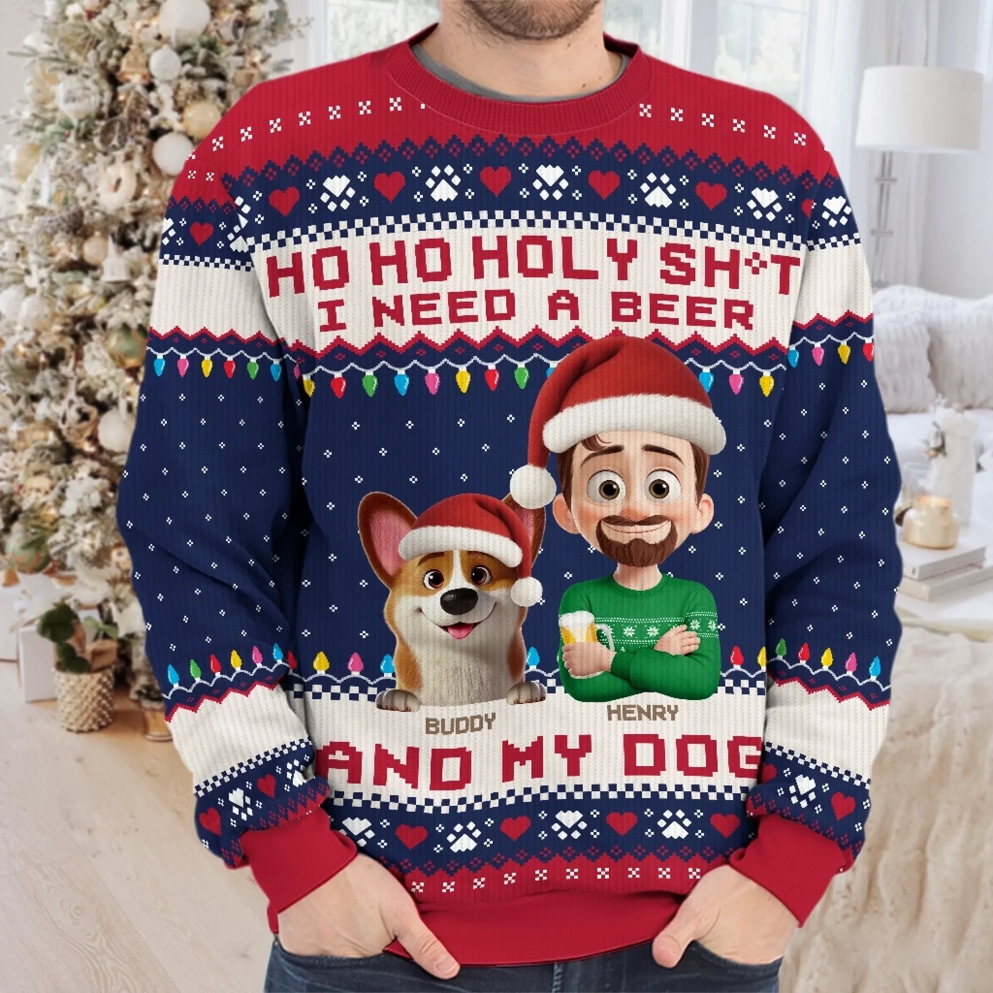 Custom Unisex Ugly Sweatshirt - Personalized Christmas Birthday Gifts For Dog Lovers, Dog Dad And Mom - Santa’s Drinking Buddy - Image 3