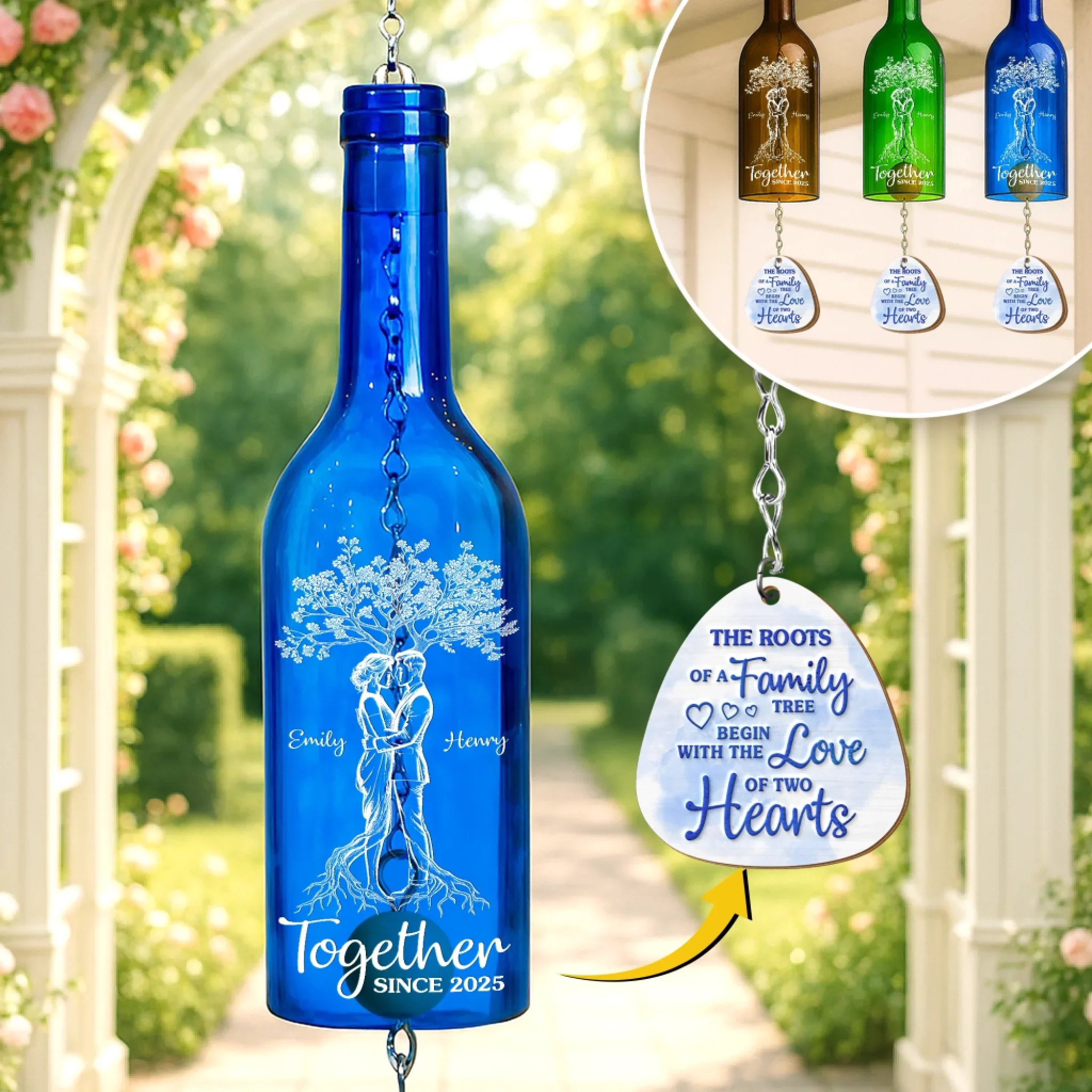 Custom Wine Bottle Wind Chime - Personalized Anniversary Wedding Gifts For Husband And Wife, Him And Her - Two Hearts, One Family Tree