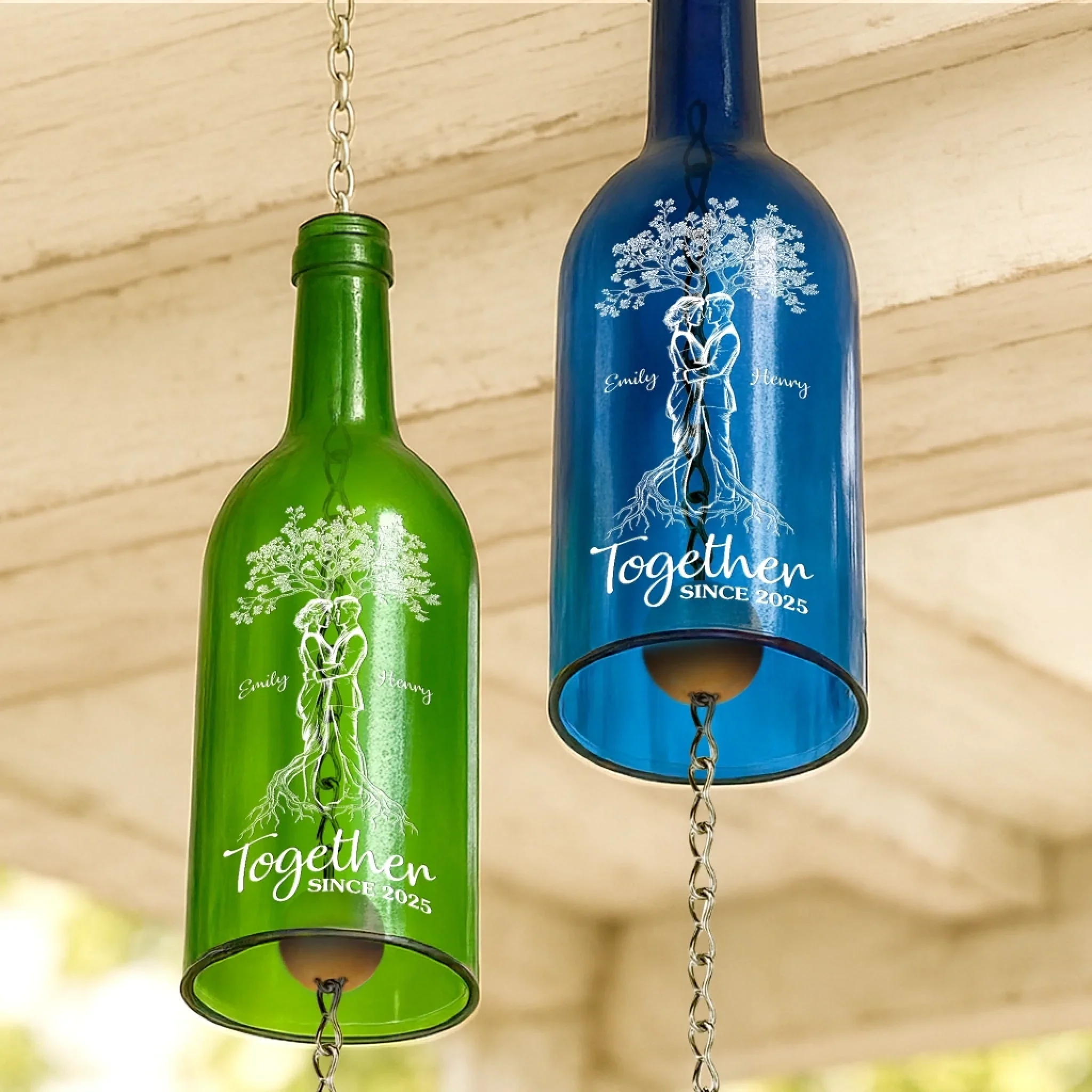Custom Wine Bottle Wind Chime - Personalized Anniversary Wedding Gifts For Husband And Wife, Him And Her - Two Hearts, One Family Tree - Image 5