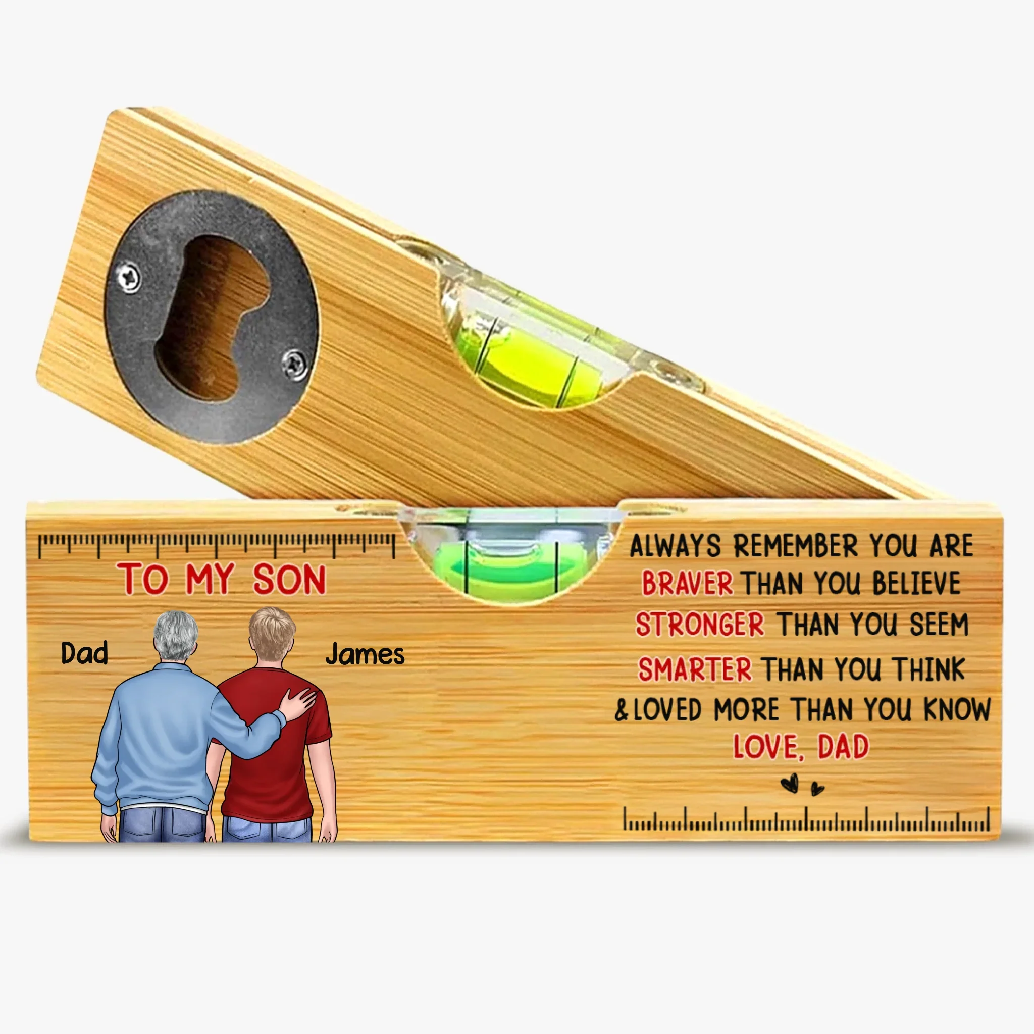 Custom Wooden Bottle Opener With Built-in Spirit Level - Personalized Birthday Gifts For Mom, Dad, Daughter, Son - Cheers To Us - Image 2