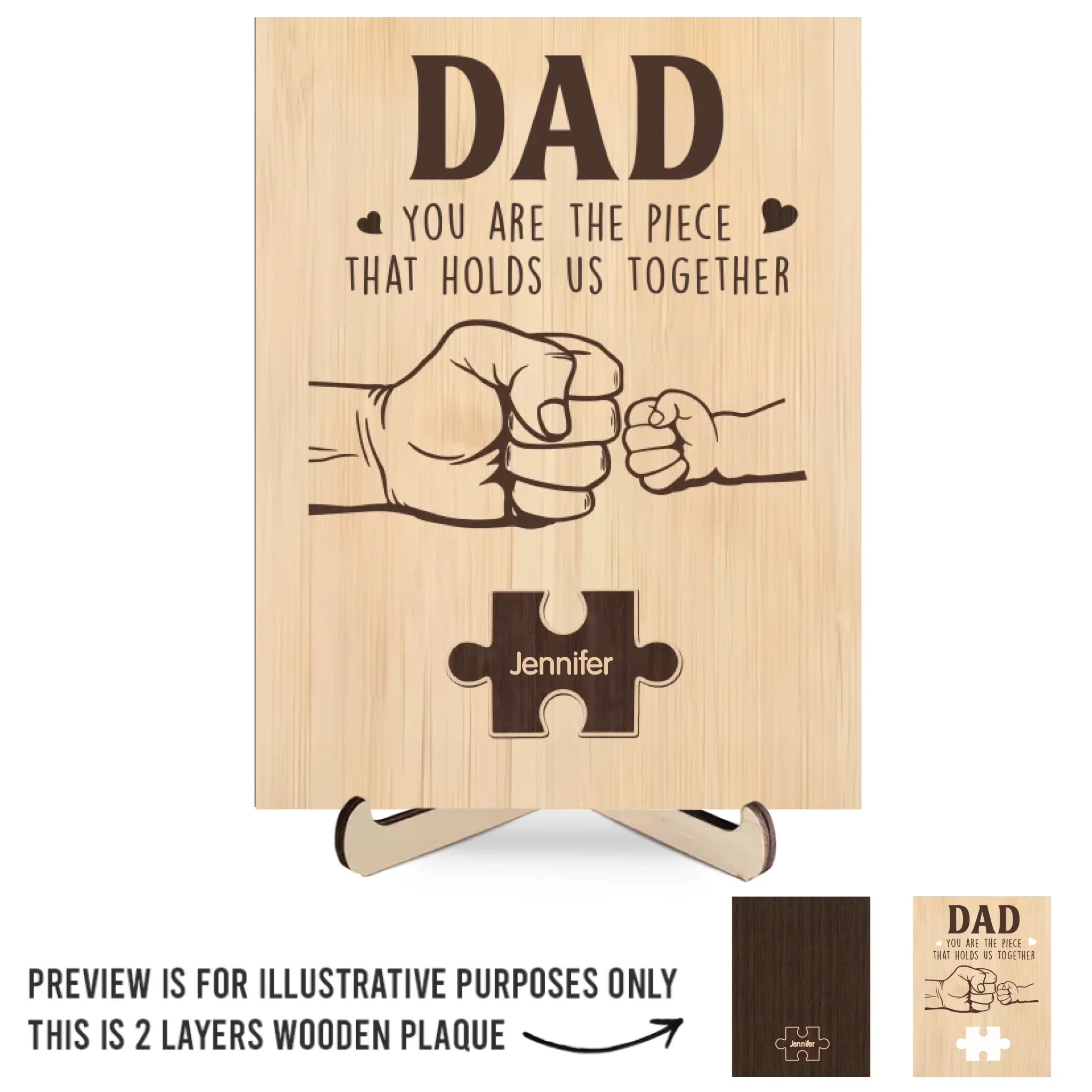 Dad, You Are The Piece That Holds Us Together - Family Personalized Custom 2-Layered Wooden Plaque With Stand - Father's Day, Gift For Dad, Grandpa - Image 2