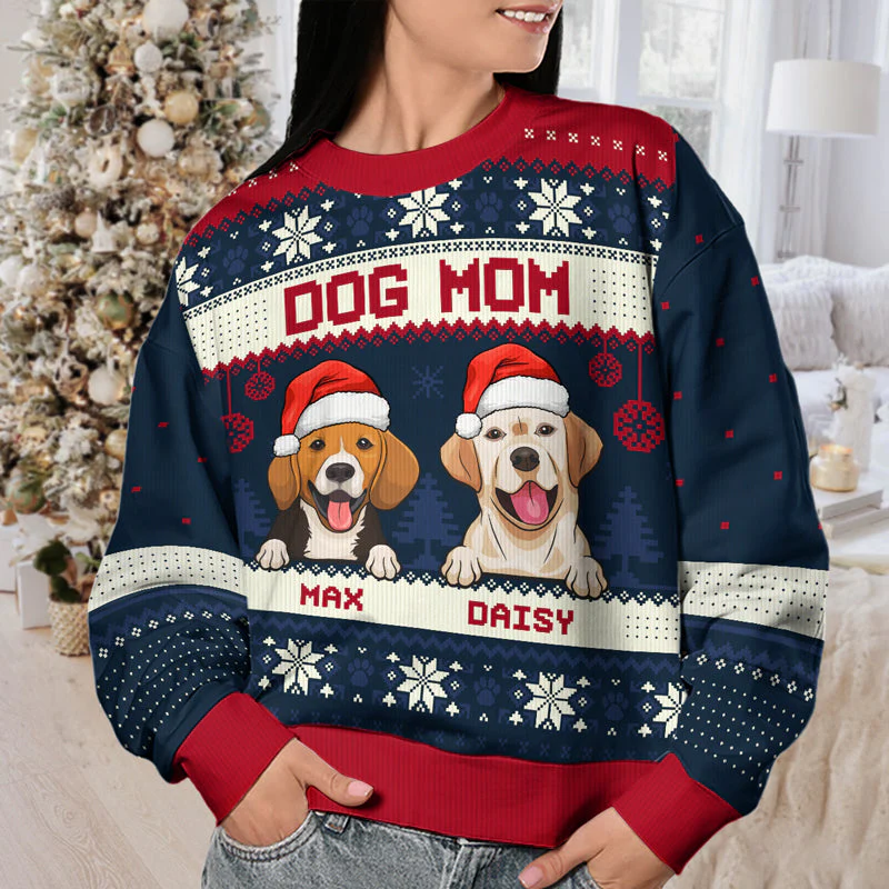 Dog Mom Dog Dad - Personalized Custom Unisex Ugly Christmas Sweatshirt, Wool Sweatshirt, All-Over-Print Sweatshirt - Gift For Dog Lovers, Pet Lovers, Christmas New Arrival Gift - Image 5