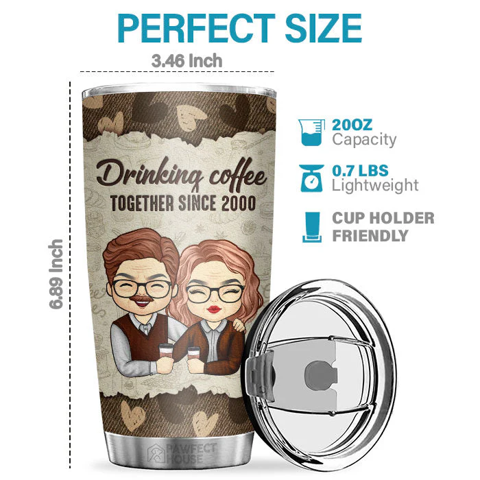 Drinking Coffee Together - Personalized Tumbler - Gift For Couple, Husband Wife, Anniversary, Engagement, Wedding, Marriage Gift - Image 2